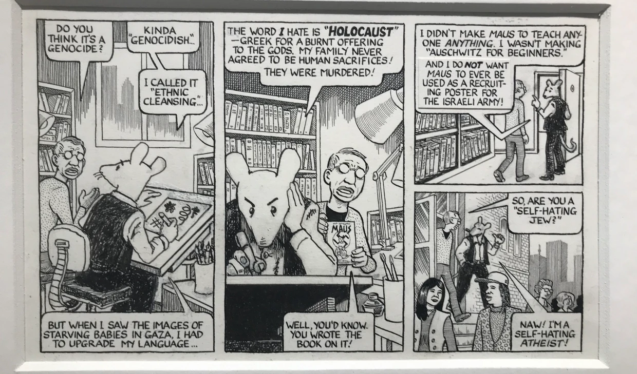Eines der in der Galerie ausgestellten Originale, die Spiegelman (als Maus) und Sacco (mit Brille) zusammen gezeichnet haben