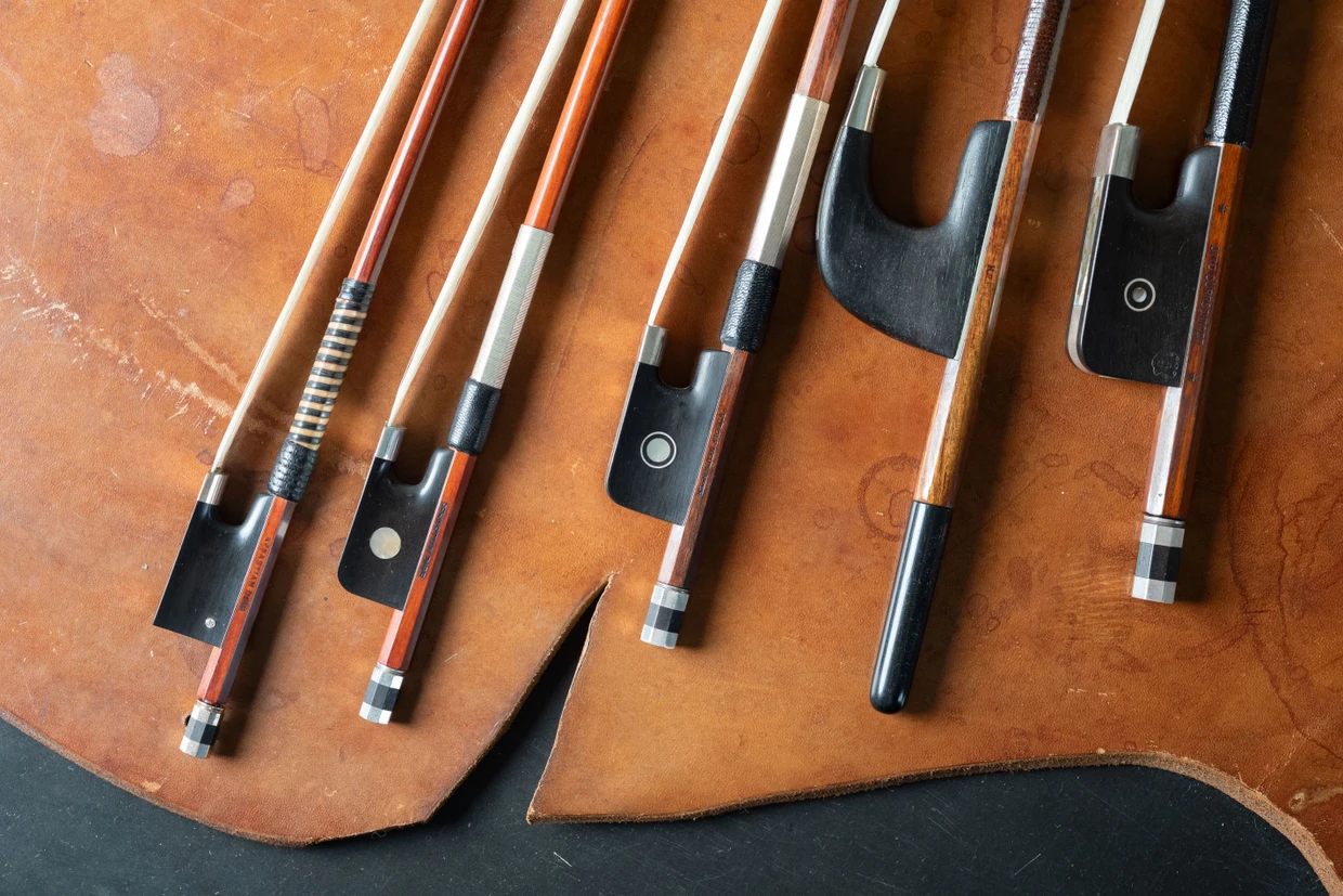 In Dirrs Frankfurter Geschäft: ein französischer Bassbogen, ein deutscher Bassbogen sowie Bögen für Cello, Bratsche und Geige