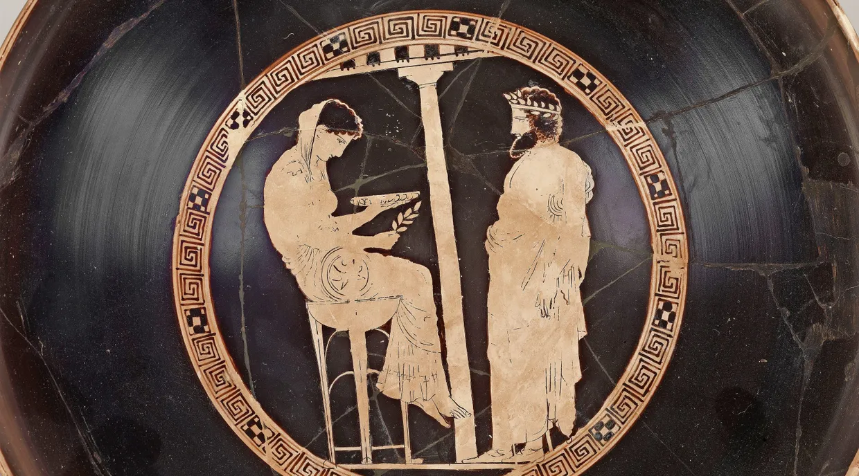 Weissagung in Delphi auf einer Trinkschale aus dem 5. Jahrhundert vor Chr.