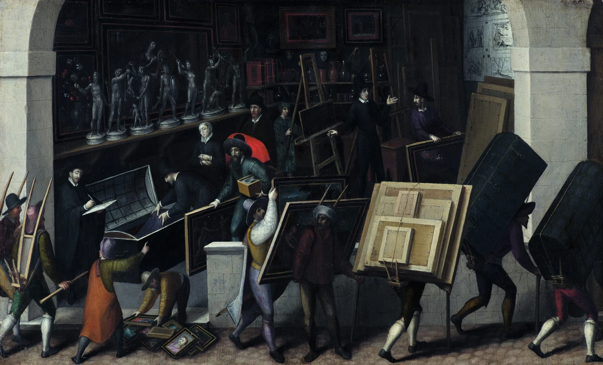 François Bunel d. J., zugeschrieben: „Die Beschlagnahmung des Inhalts einer Kunstgalerie“, um 1590