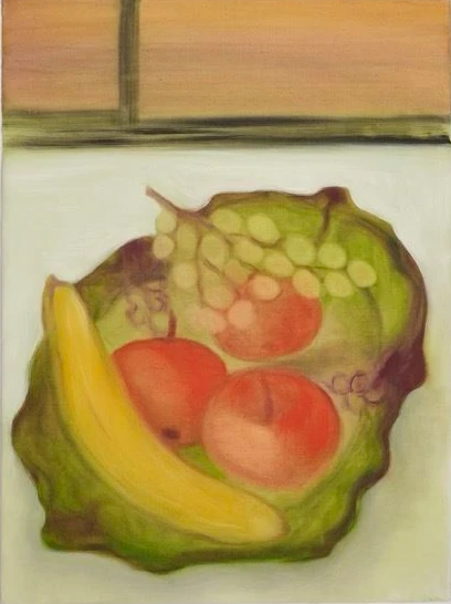 Fast ein klassiches Stillleben: Bild mit Obstschale von Miriam Cahn