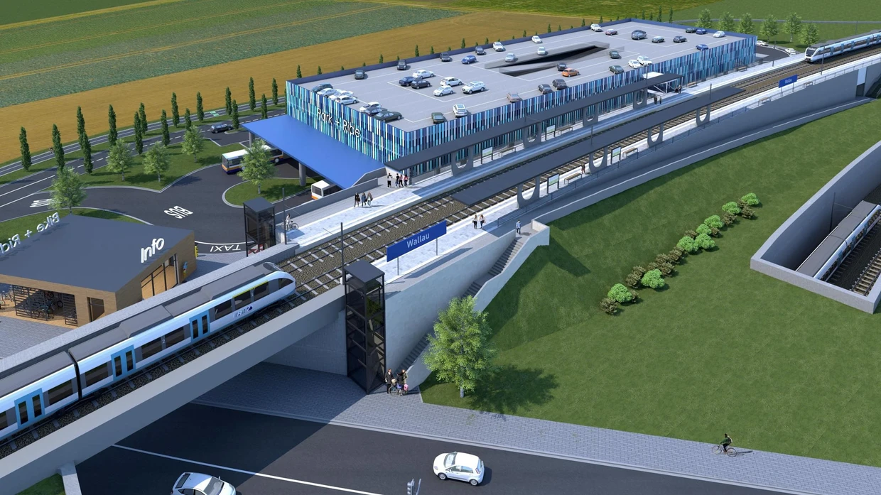 Planungen für die Wallauer Spange: Visualisierung einer der Zwischenstationen entlang der geplanten Strecke von Wiesbaden zum Frankfurter Flughafen