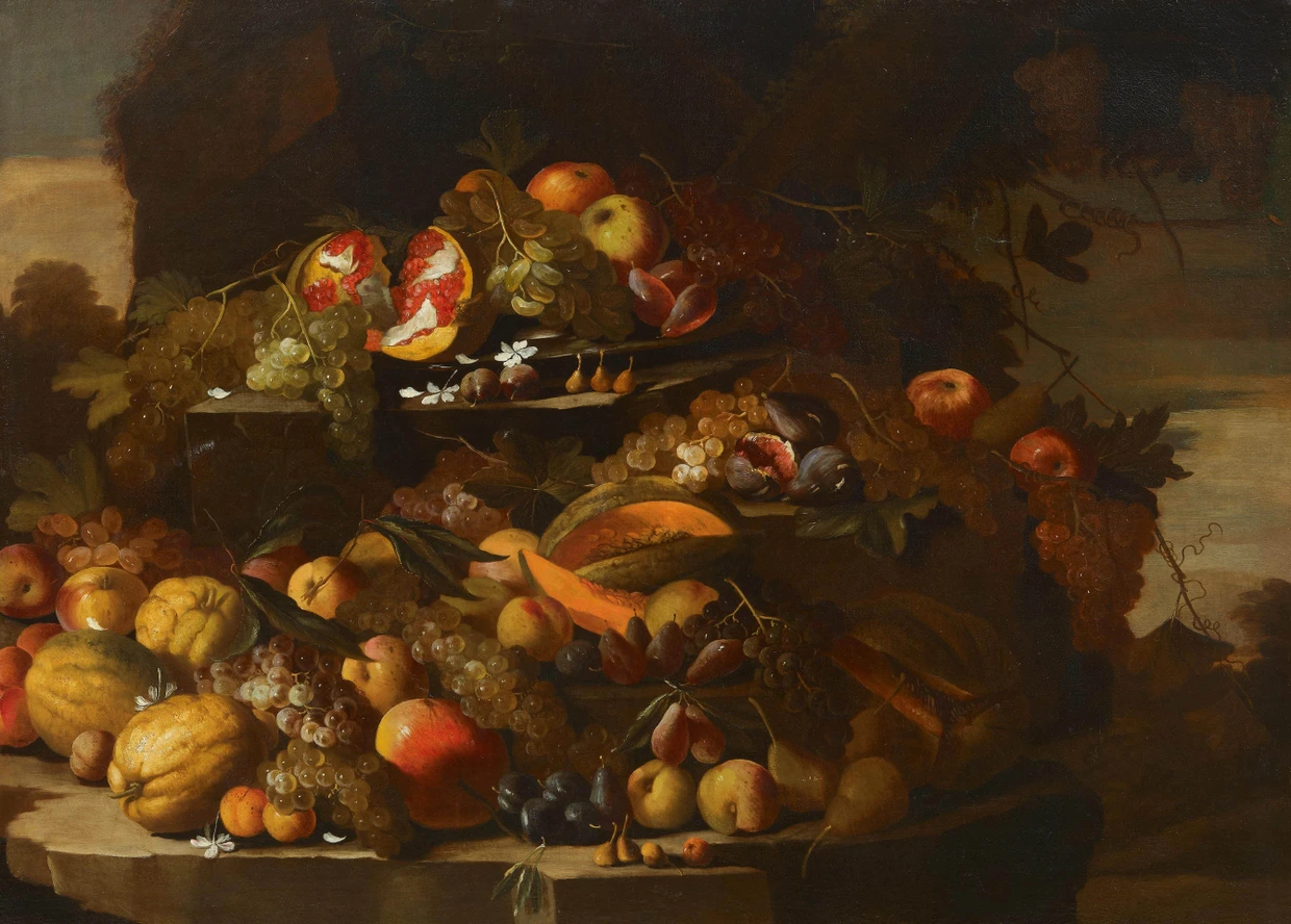 Soll zusammen mit seinem Gegenstück auf 180.000 bis 250.000 Franken kommen: Luca Forte, „Stillleben mit Früchten auf Felsvorsprung vor einer Landschaft“, Öl auf Leinwand, 97,5 mal 134,6 Zentimeter