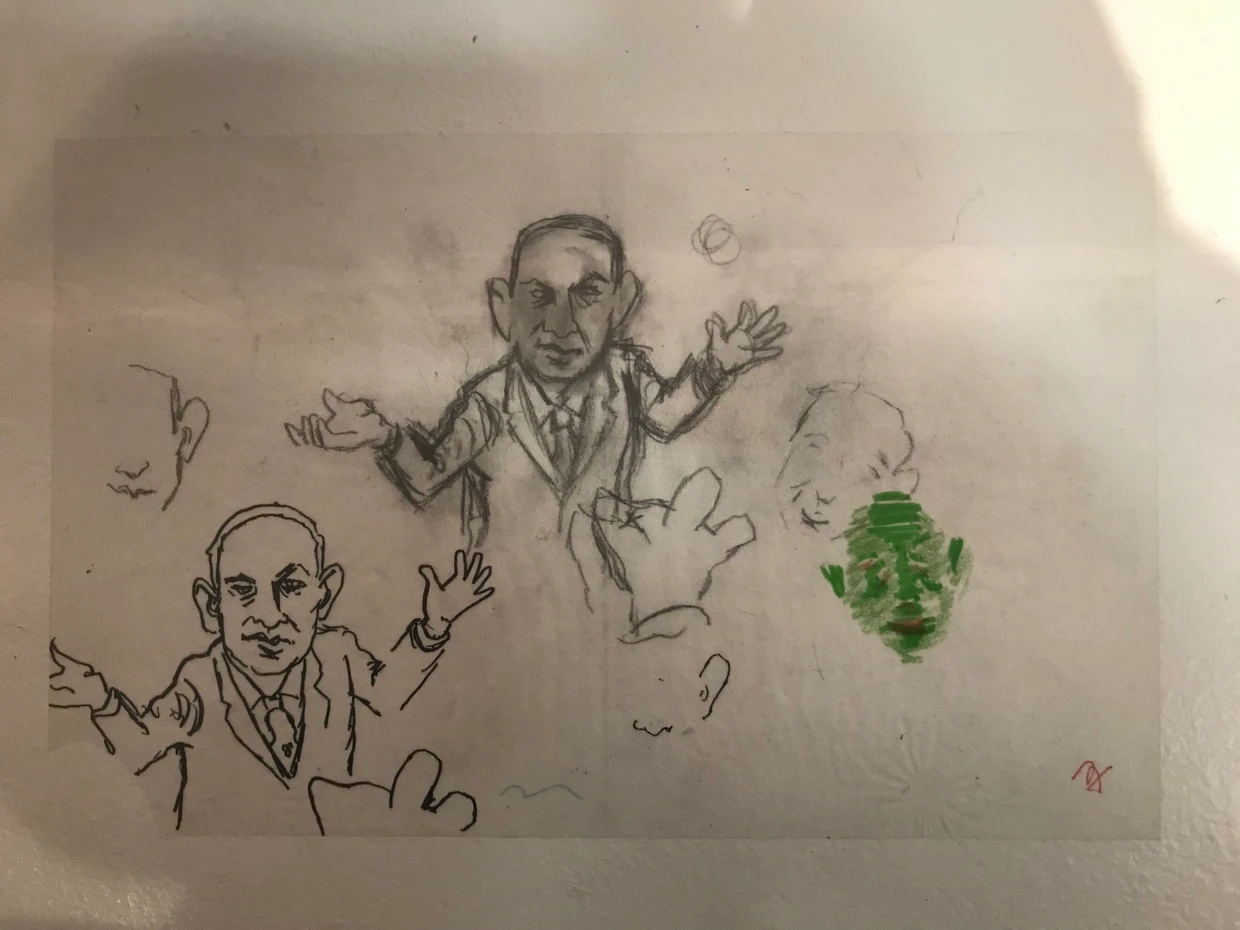 Der giftgrüne Netanjahu (rechts) neben anderen Versuchen, den israelischen Premierminister zu zeichnen