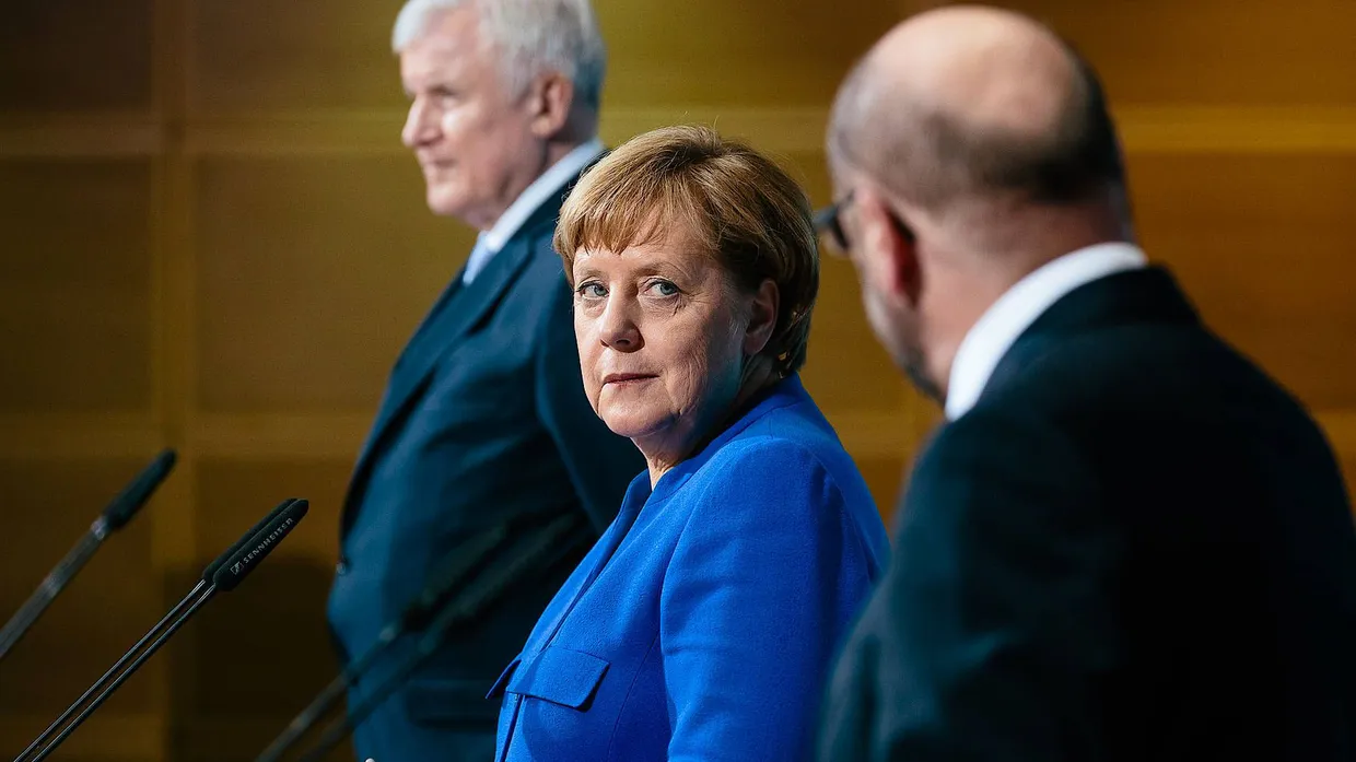 Horst Seehofer (CSU), Angela Merkel (CDU) und Martin Schulz (SPD) präsentieren die Ergebnisse der Sondierungsgespräche.