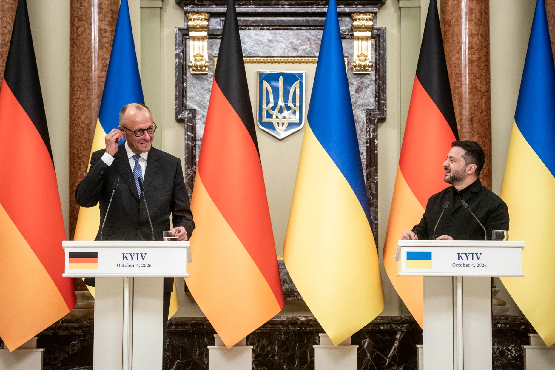 Merz and Selenskyj at a press conference on Sunday in Kyiv.