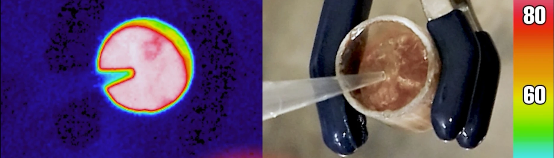 Eine Wärmebild- und eine Digitalkamera (rechts) halten den Moment fest, in dem Wasser durch Moleküle zum Kochen gebracht wird, die bei Aktivierung Wärme abgeben. Die Moleküle wurden zuvor durch Licht aufgeladen.