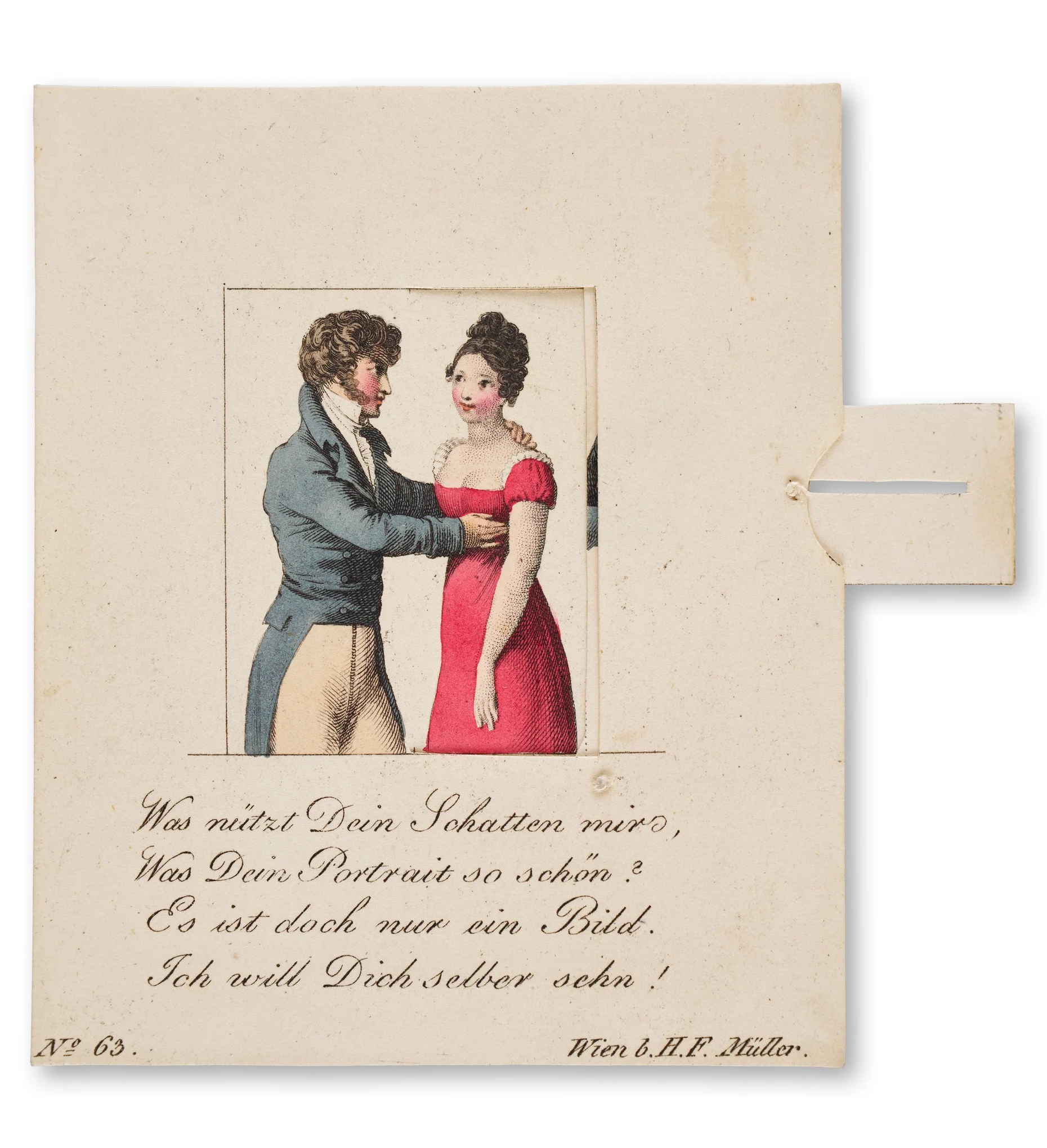 Der Zug an der Lasche dieser Karte erfüllt den Wunsch des Liebhabers: Anstelle des Schattenrisses ist nun die echte Geliebte bei ihm.