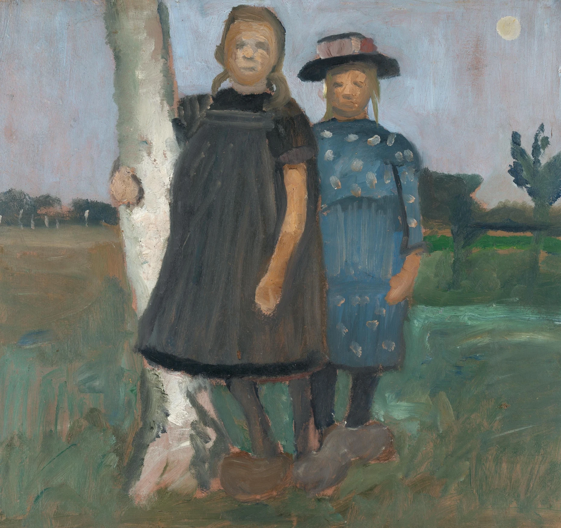 Paula Modersohn-Becker, „Zwei Mädchen an einem Birkenstamm stehend“, um 1920, Tempera auf Malkarton, 50 mal 54 Zentimeter, Taxe 300.000 bis 400.000 Euro