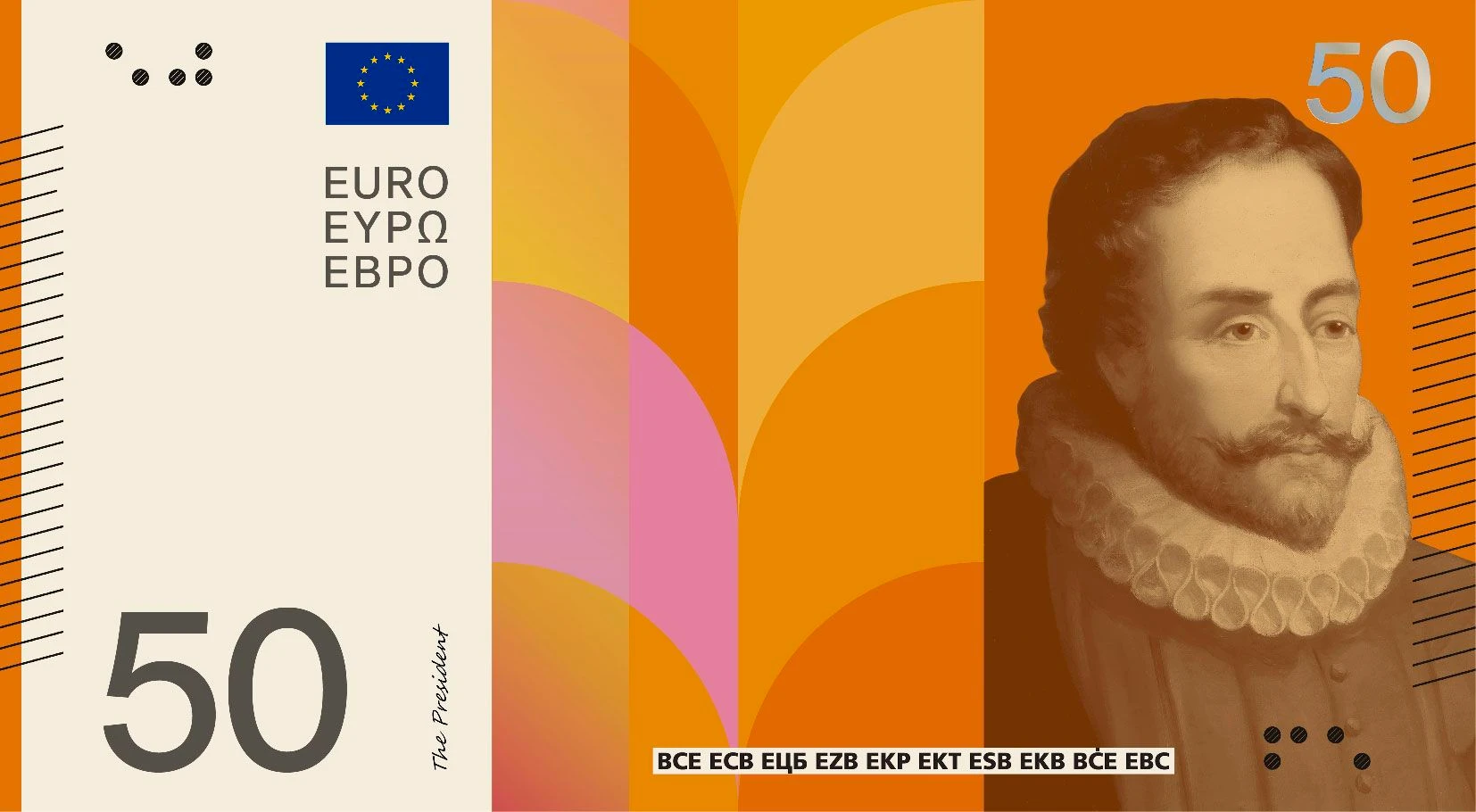  Der Dichter Cervantes wird von der kräftig orangefarbenen Siebzigerjahre-Tapete in Zentrum der Designserie C an den Rand gedrückt.