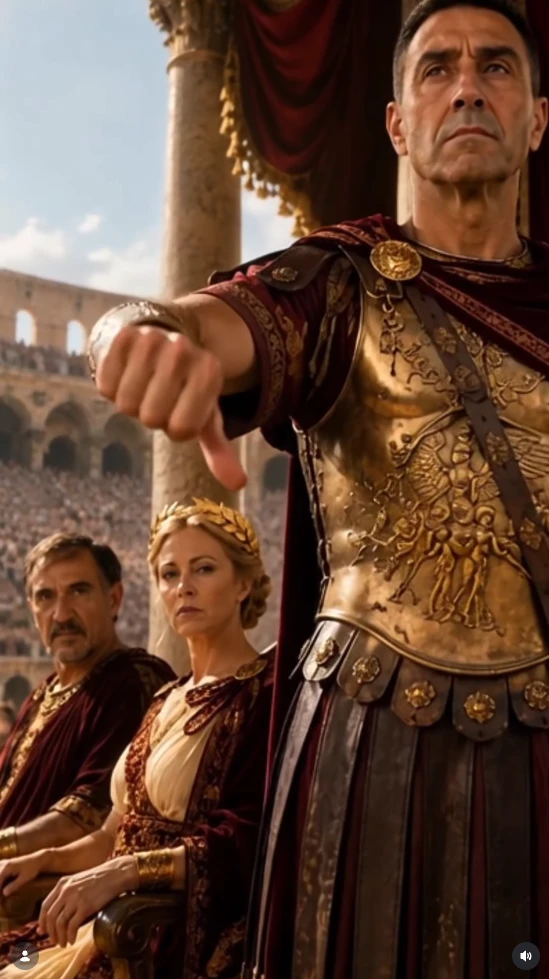 Dann senkt der Imperator im KI-Video den Daumen.