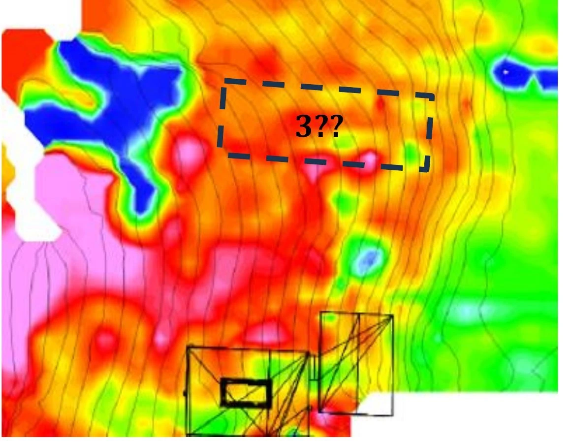 Gravitationskarte des 35 mal 35 Meter großen Areals nördlich des Grabes des Tutanchamun (gerade durchgezogene Linien). Exemplarisch ist die „Anomalie 3“ mit gestrichelten Linien markiert.