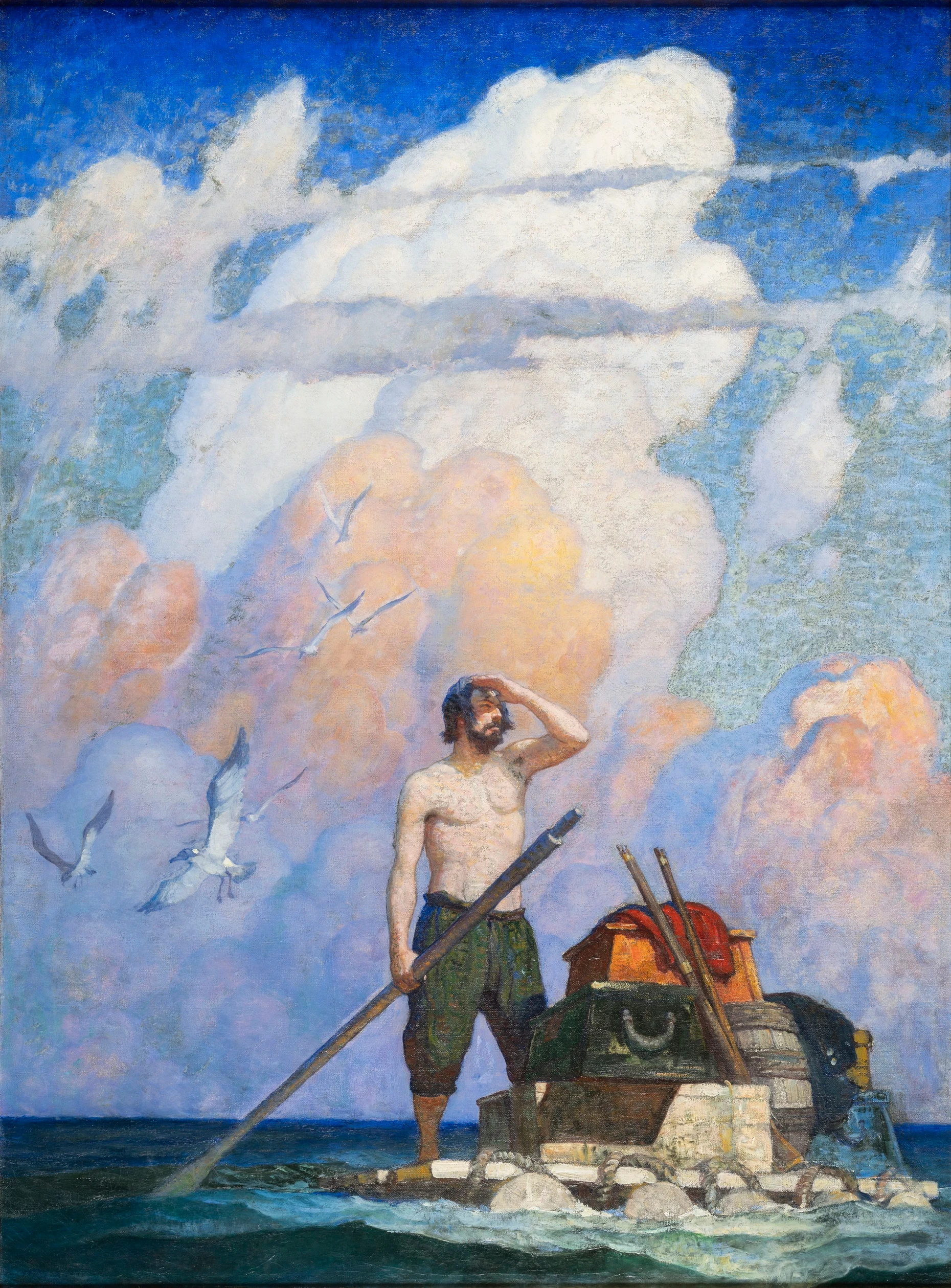 Einer von sieben Protagonisten eines spezifisch amerikanischen Erzählens: N. C. Wyeths „For a mile, or thereabouts, my raft went very well“, seine Buchillustration zu „Robinson Crusoe“ von 1920