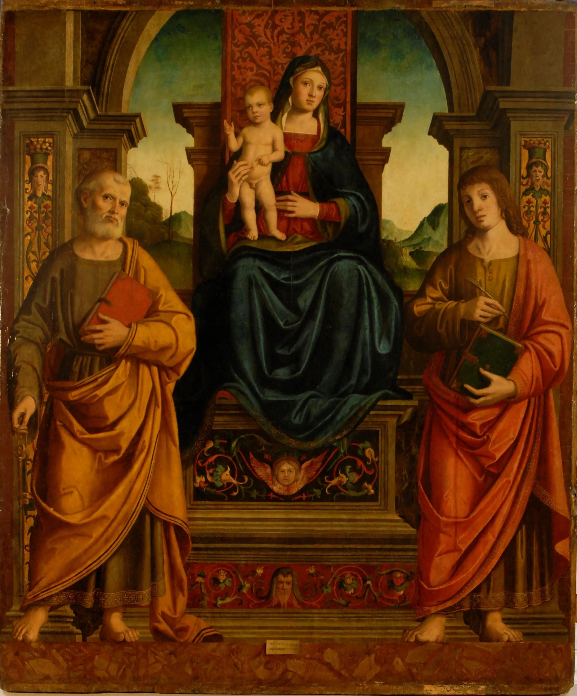 Sacra conversazione vor weiter Landschaft: Marco Palmezzanos „Die Madonna mit dem Kind und den Heiligen Petrus und Johannes dem Evangelisten“