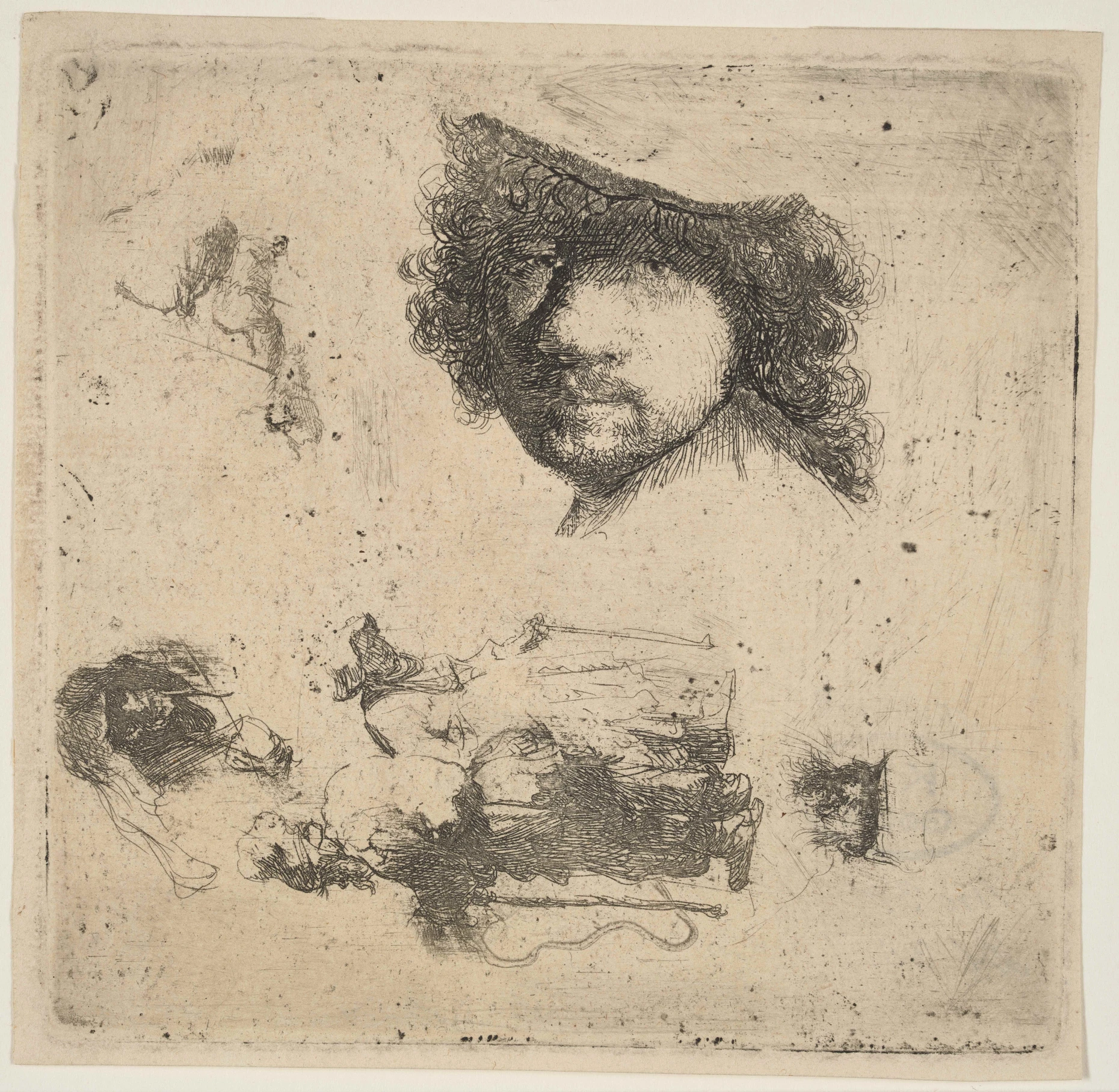 Zum frühen Rembrandt-Bestand Herzog Ernsts des Frommen in Gotha gehörten allein 35 furiose Graphiken wie diese: „Studienblatt mit Selbstbildnis“ von 1632.