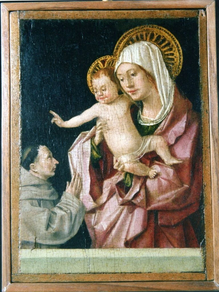 die gestohlene „Madonna und Christuskind mit Franziskaner in Adoration“ von der Vorderseite der aus dem Museo Regionale Accascina in Messina gestohlenen Doppeltafel Antonello da Messinas