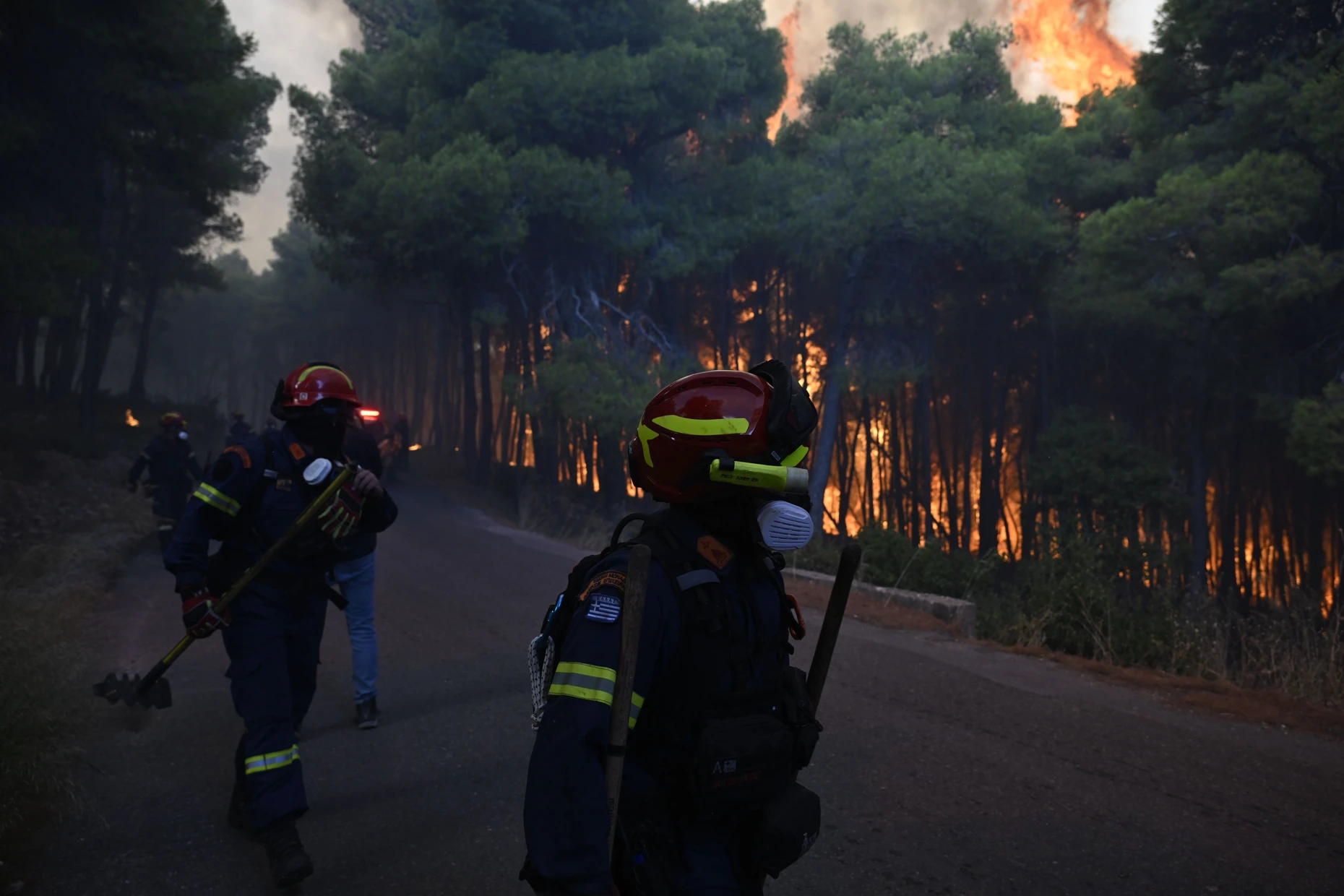 Feuerwehrleute bekämpfen einen Brand der Nähe von Porto Germeno, nordwestlich von Athen.