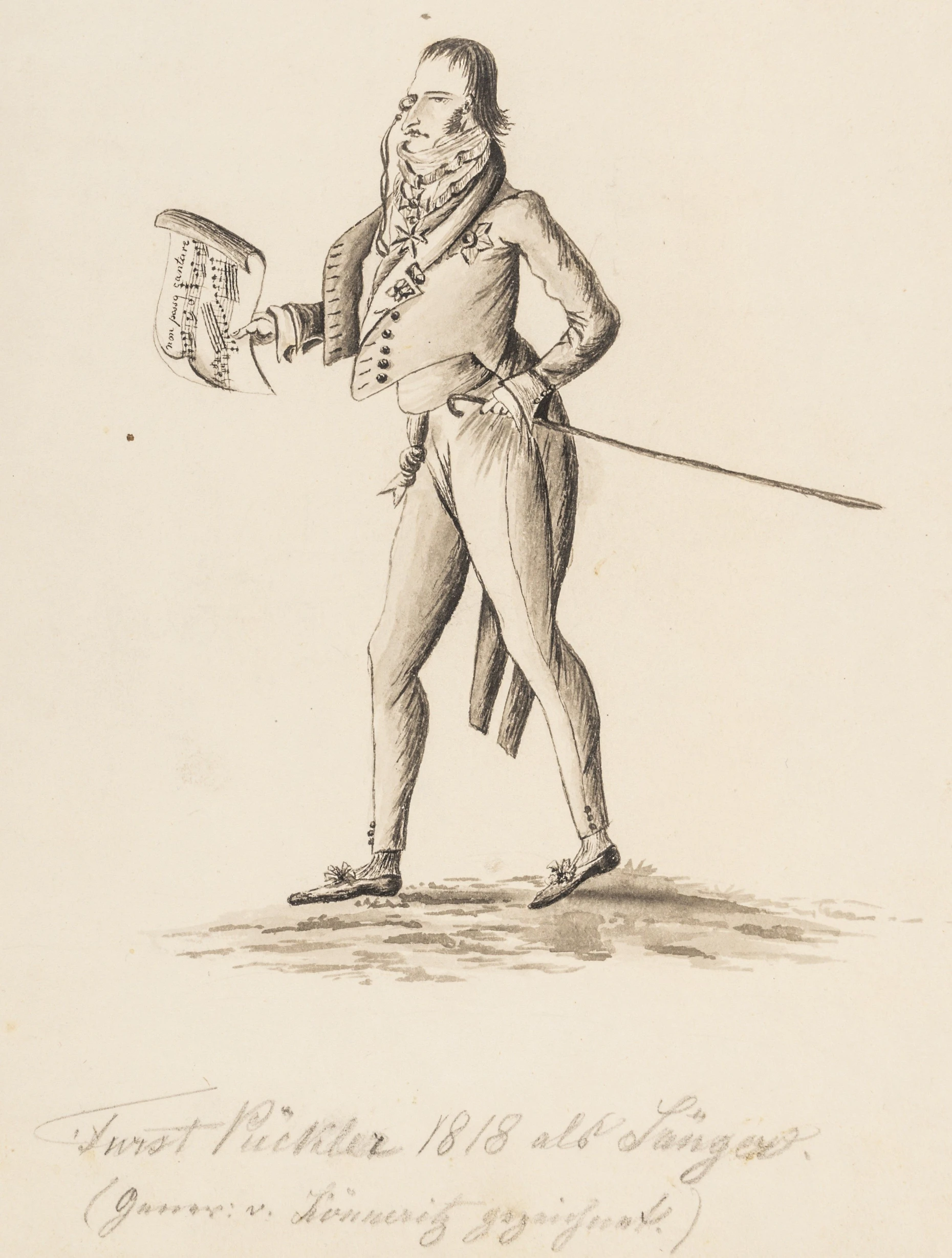 Fürst Pückler, als Sänger in Berlin 1818. Zeichnung von Karl von Könneritz