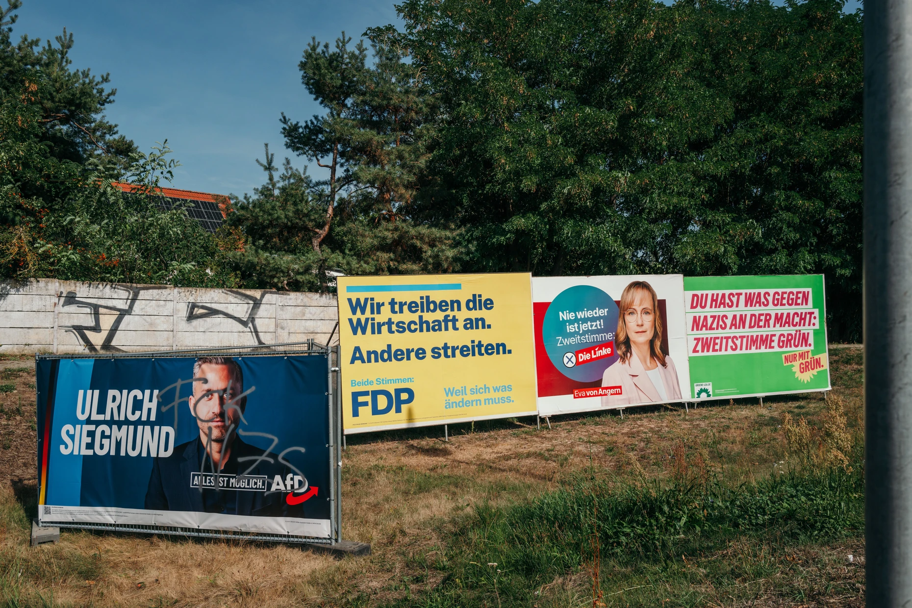 Wahlplakate von AfD, FDP, Linke und Grünen in Tangerhütte.