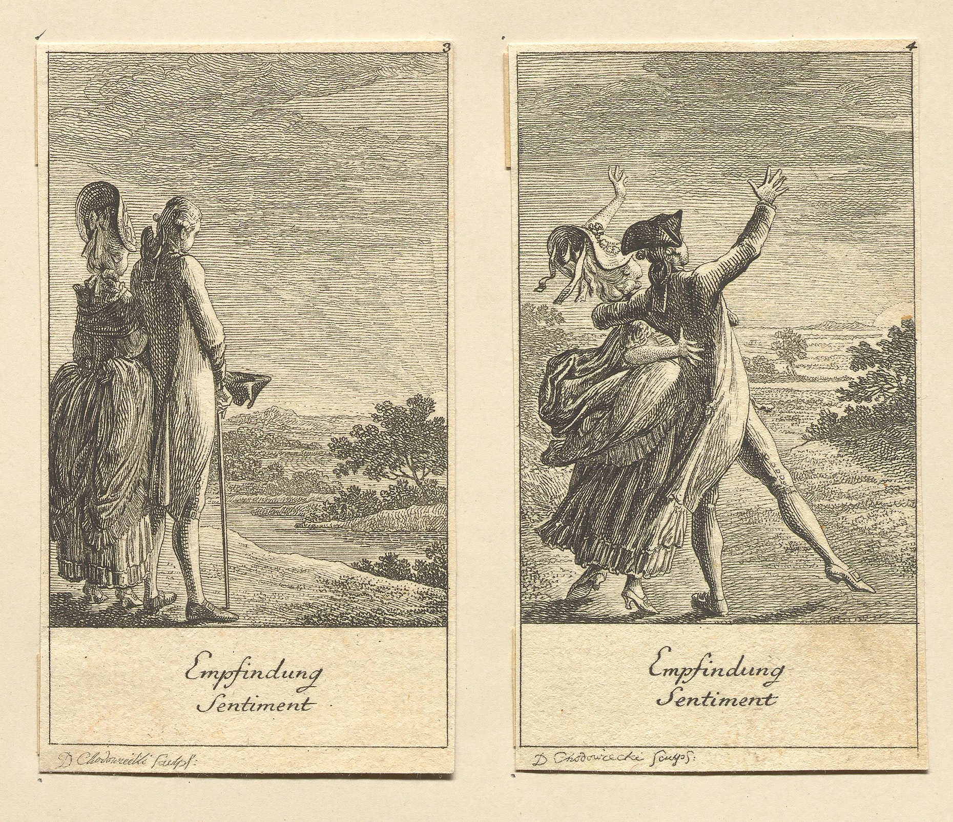 Bürgerliche und höfische Gefühle: Bildpaar „Empfindung“ aus „Natürliche und affektierte Handlungen des Lebens“, zweite Folge (12 Blätter), 1779