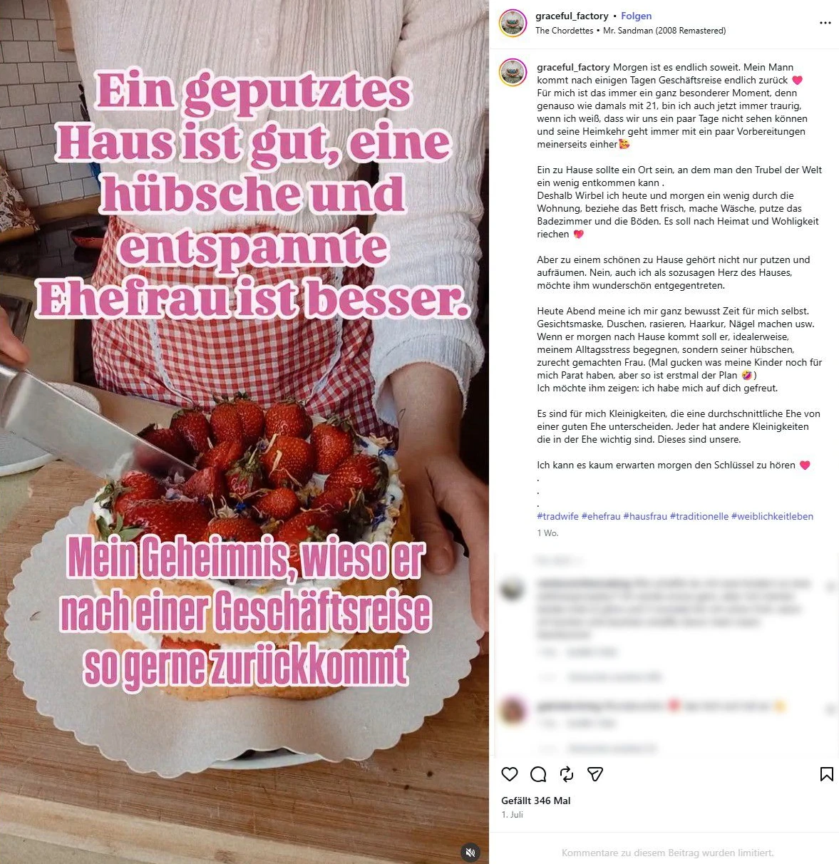 „Seine Heimkehr geht immer mit ein paar Vorbereitungen meinerseits einher": Instagram-Account von „Graceful Factory“.