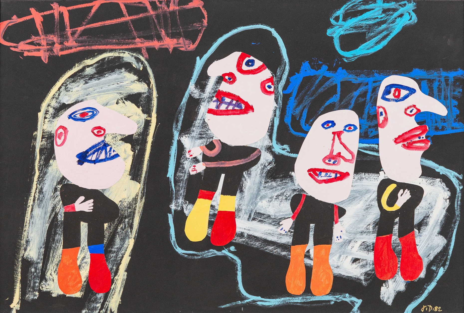 Schräge Köpfe: Jean Dubuffets in Acryl auf Papier collagierte Figuren vor schwarzem Hintergrund aus dem Jahr 1982