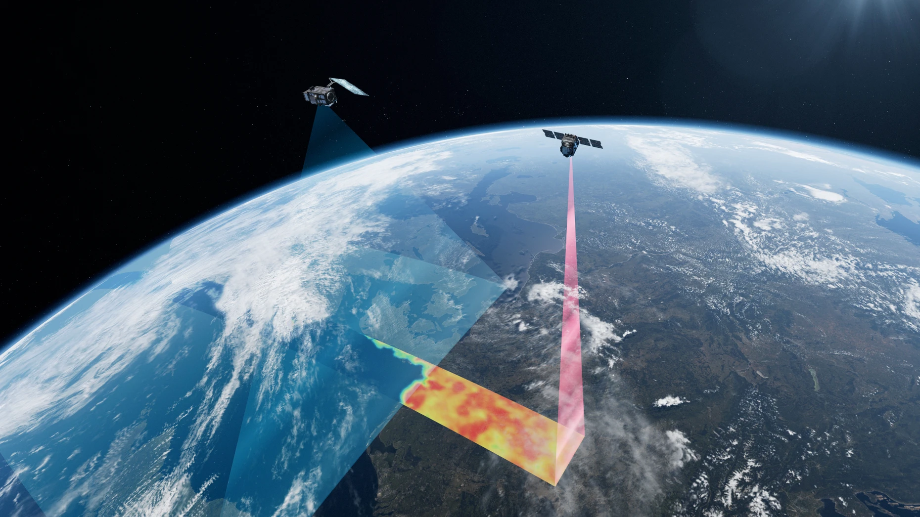Zwei Satelliten auf einer Umlaufbahn: Sentinel-3C (links) und FLEX