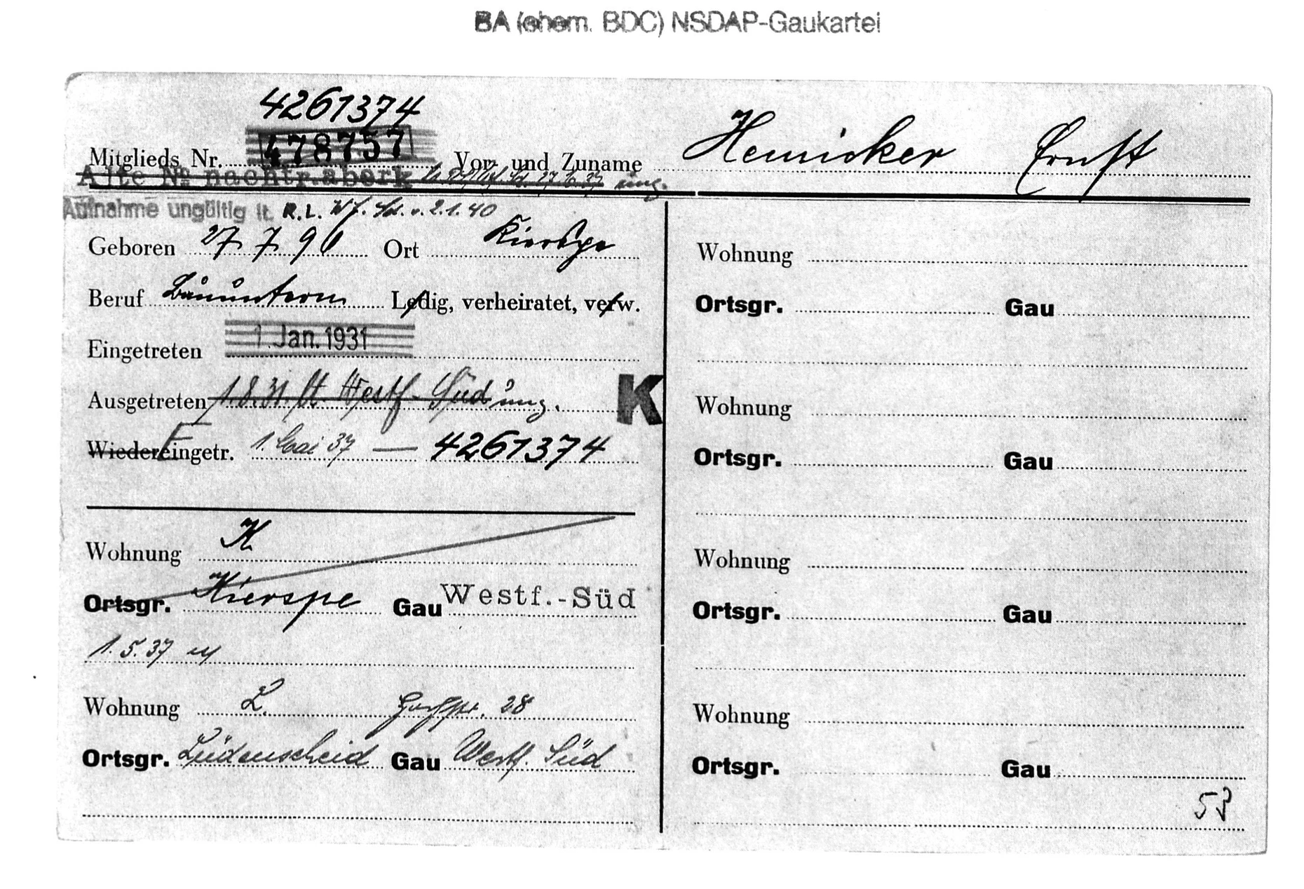  Auf dieser NSDAP-Parteikarte stehen zwei Beitrittsdaten.