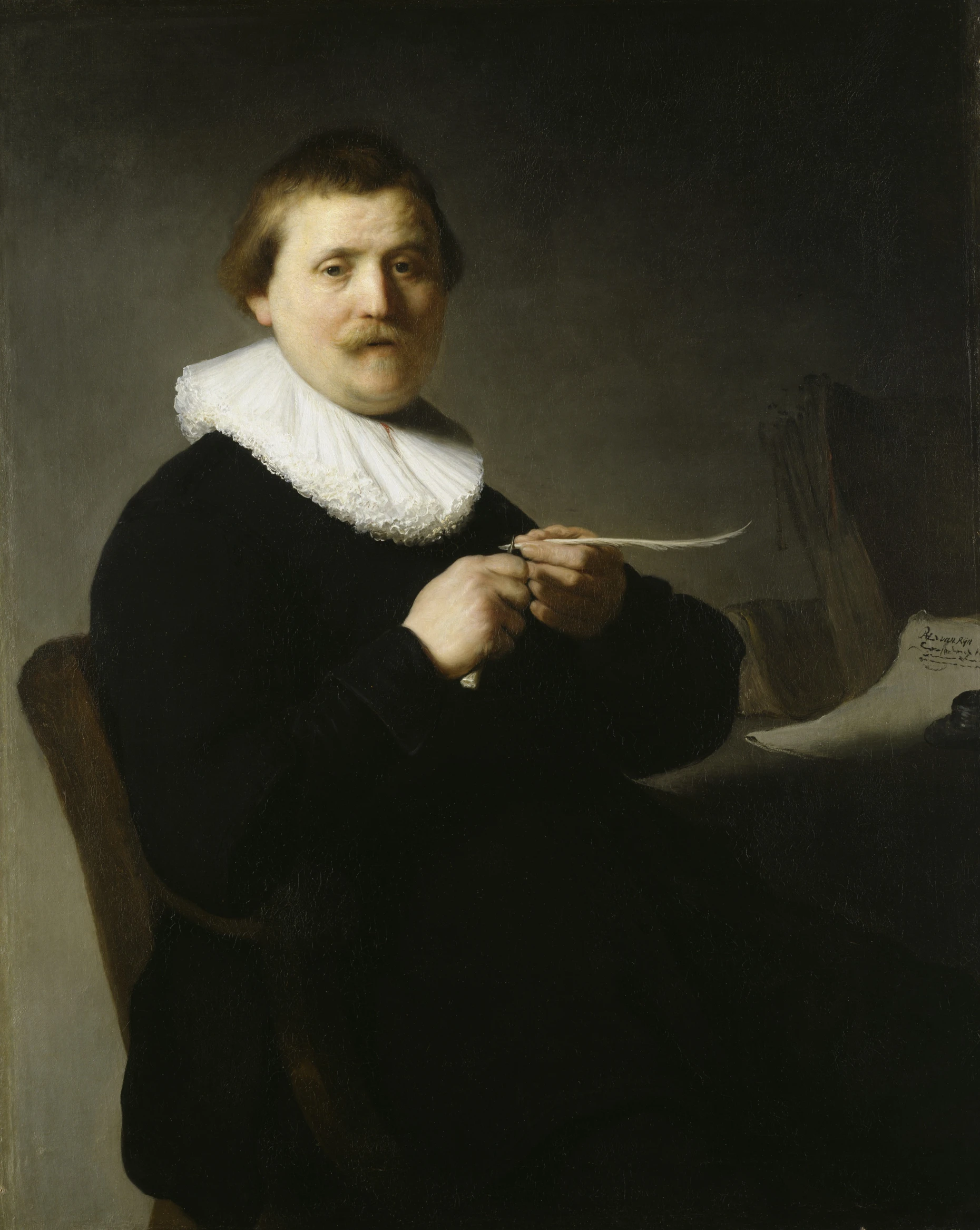 Vom selben Leinwandballen wie die ihm nun in Gotha beigesellte Gemahlin: Rembrandts „Bildnis eines federschneidenden Mannes" von 1632 aus Kassel