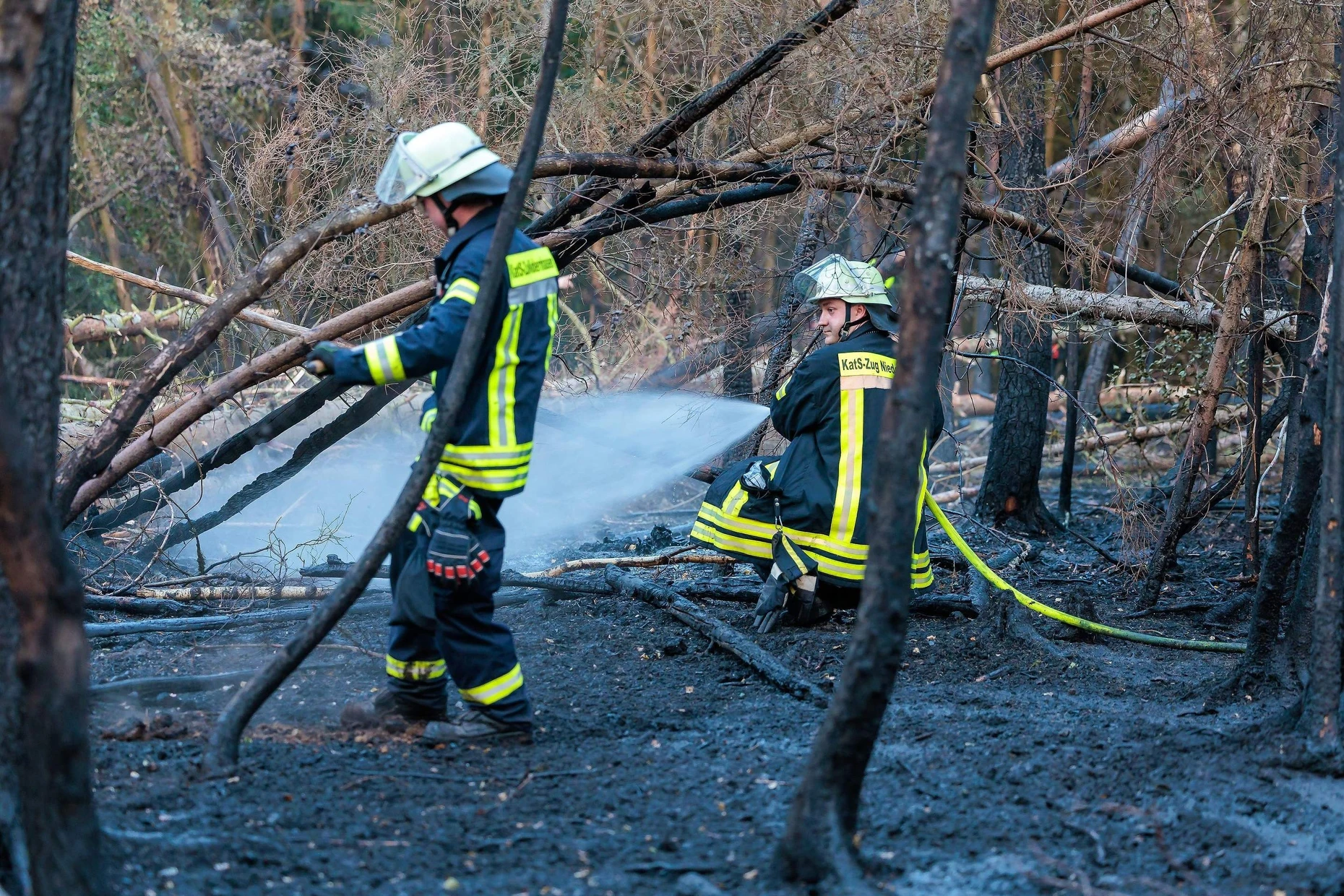 Feuerwehrmänner am Rand des Waldbrandes.