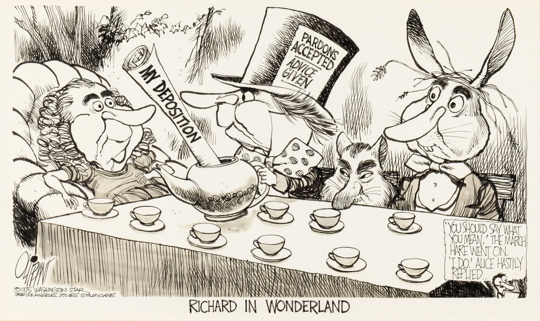 Die Nase und die Augenbrauen erkannte jeder, nur vielleicht der an diesem phantastischen Teetisch gleich viermal präsente Präsident nicht: Richard kannte alle Tricks außer der Selbsterkenntnis. 1975 wechselte Oliphant von der „Denver Post“ zum „Washington Star“.