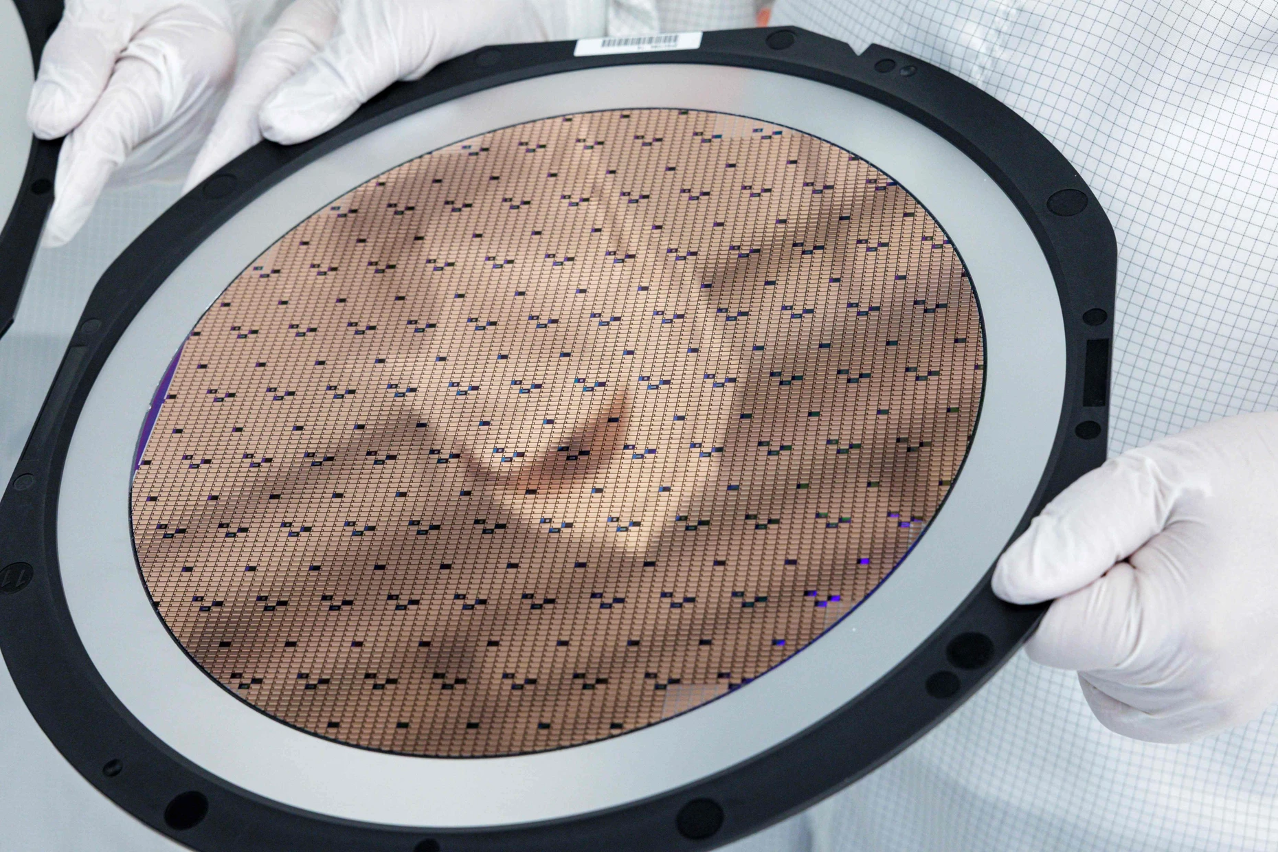 Infineon-Mitarbeiter mit einem der großen Silizium-Wafer, auf dem winzige Chips aufgebracht sind