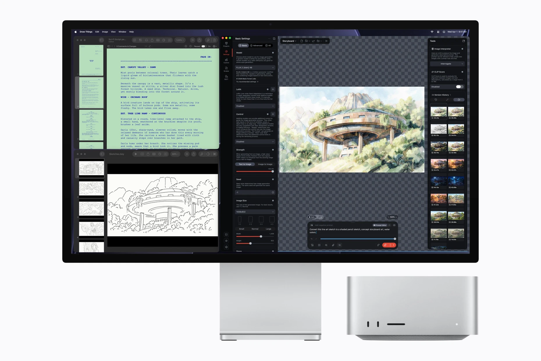 Kompakte Bauform: der neue Mac Studio unter einem Monitor