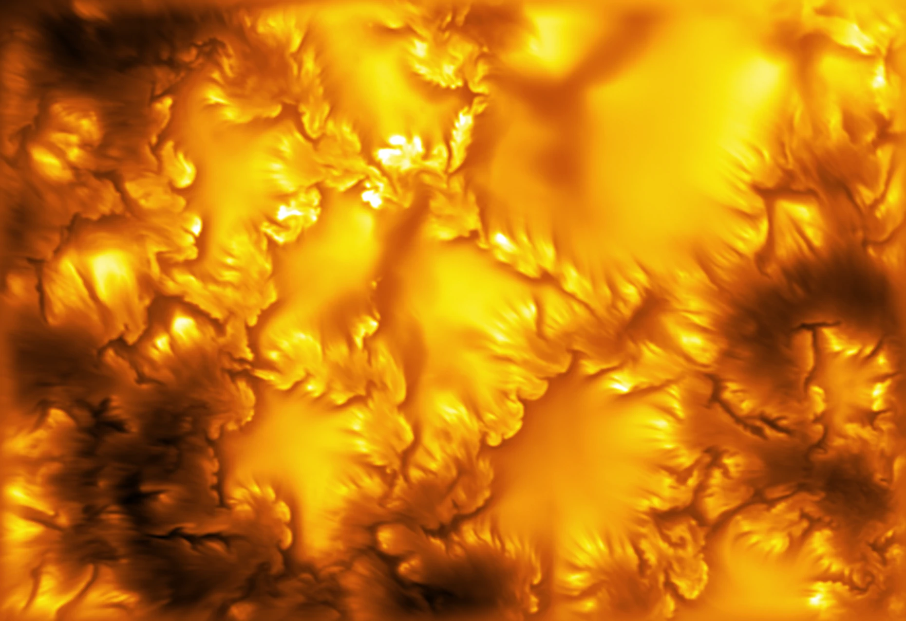 Das bisher höchstaufgelöste Bild der Sonnenoberfläche (Photosphäre), aufgenommen bei einer Wellenlänge von 416 Nanometern mit dem Inouye Solar Telescope. An den Rändern der Sonnengranulen zeigen sich fransenartige Strukturen, die sich stellenweise verwirbeln.