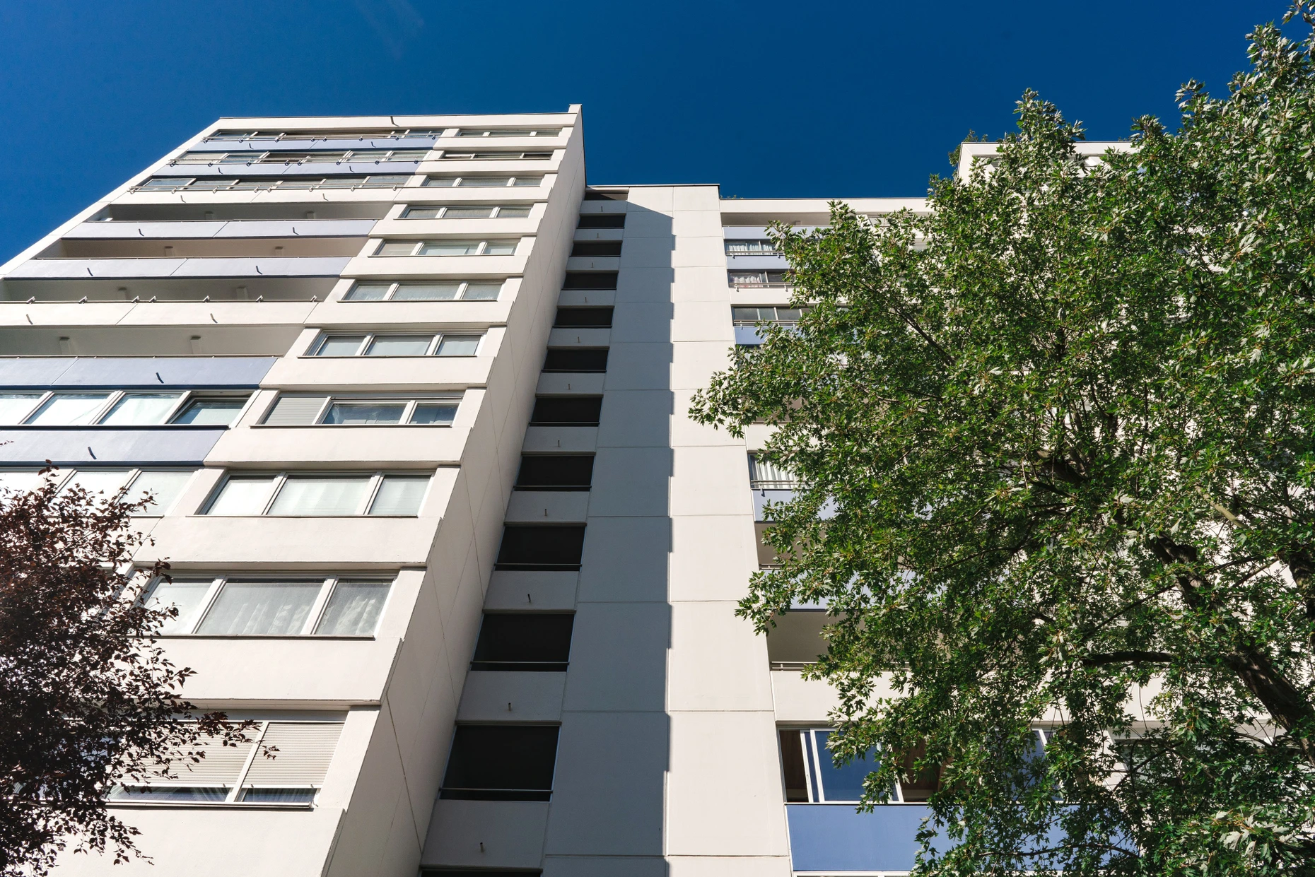 Im Offenbacher Mainpark stehen Hochhäuser mit Eigentumswohnungen.