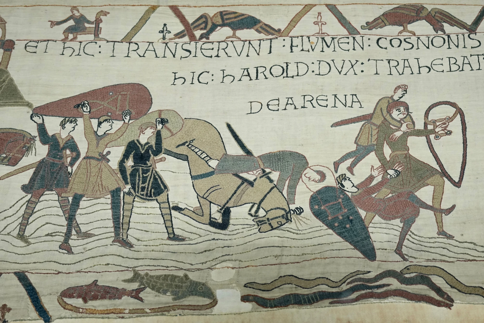 Wenig heroisch: Auf dem Bayeux-Teppich flüchten die Krieger Haralds in wilder Hast durch einen Fluss und versuchen sich noch mit den Schilden über ihren Köpfen zu schützen, während sich die Fische des Zodiacus und Wasserschlangen darunter parallel schlängeln.