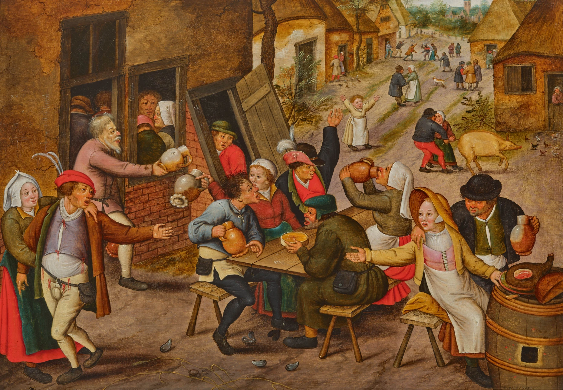 Spitzenlos der Offerte Alter Meister mit einem Taxpreis von 600.000 bis 900.000 Franken: Pieter Brughel der Jüngere, „Das Wirtshaus zum Schwan“, um 1626, Öl auf Holz, 44 mal 62,8 Zentimeter
