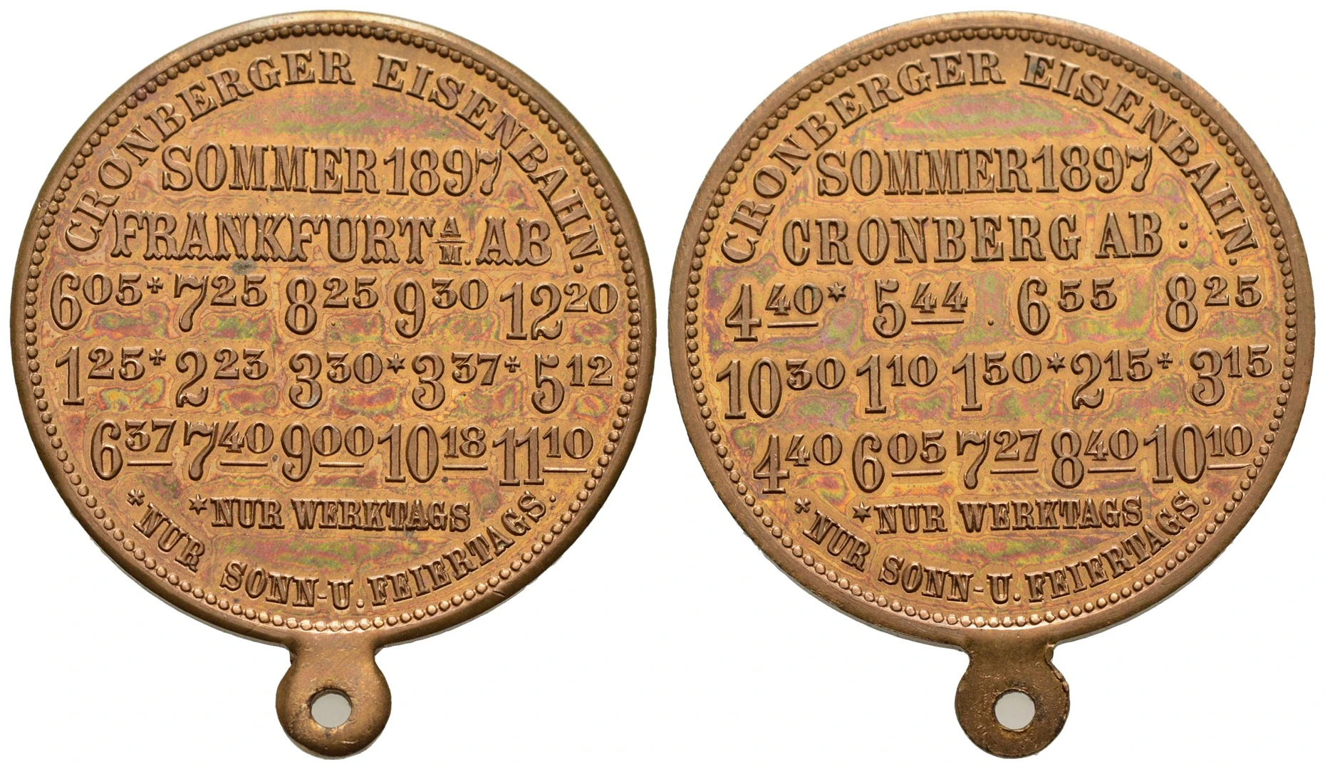 Pünktlich wie die Eisenbahn: Fahrplanmarke der Cronberger Eisenbahn von 1897