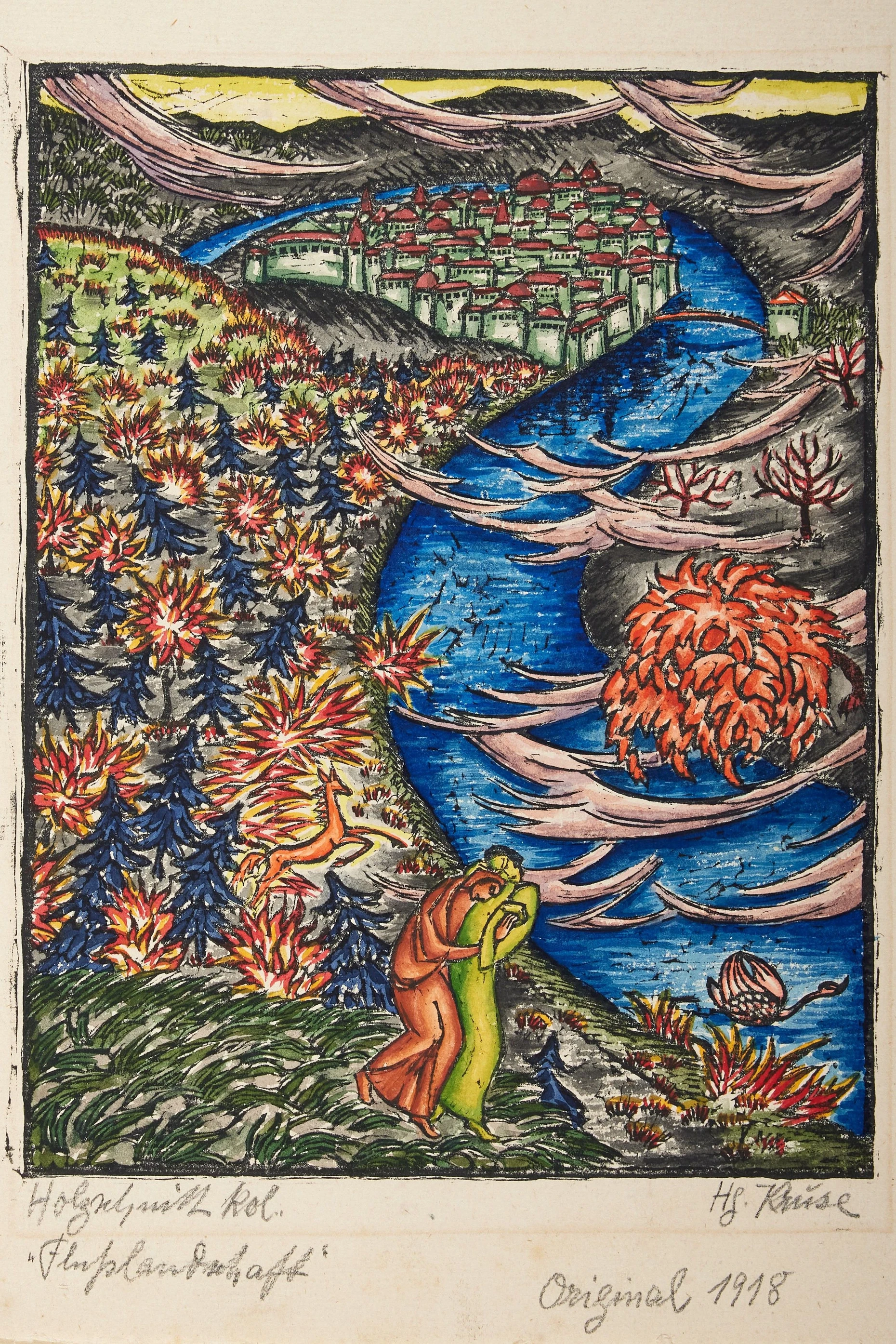 Hedwig Kruse, „Flußlandschaft“, Holzschnitt koloriert (1918)