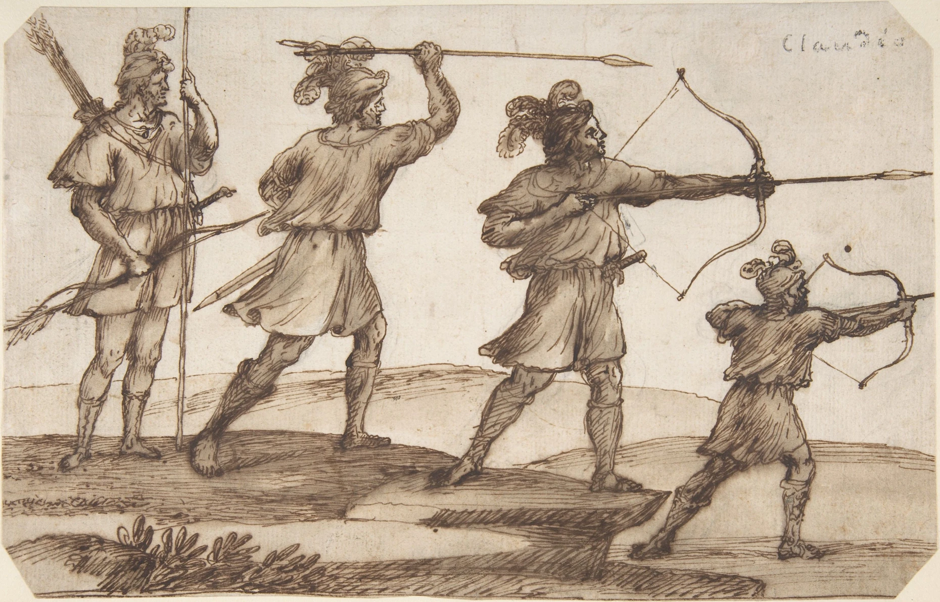 Die Zeichnung von Claude Lorrain ist eine Skizze für seine Ansicht der Küste Libyens mit dem jagenden Aeneas, die heute in Brüssel hängt. Im ersten Buch der Aeneis wird geschildert, wie der Anführer der Trojaner nach glücklich überstandener Seenot an der libyschen Felsenküste sieben Hirsche zur Strecke bringt, einen für jedes Schiff seiner Flotte.