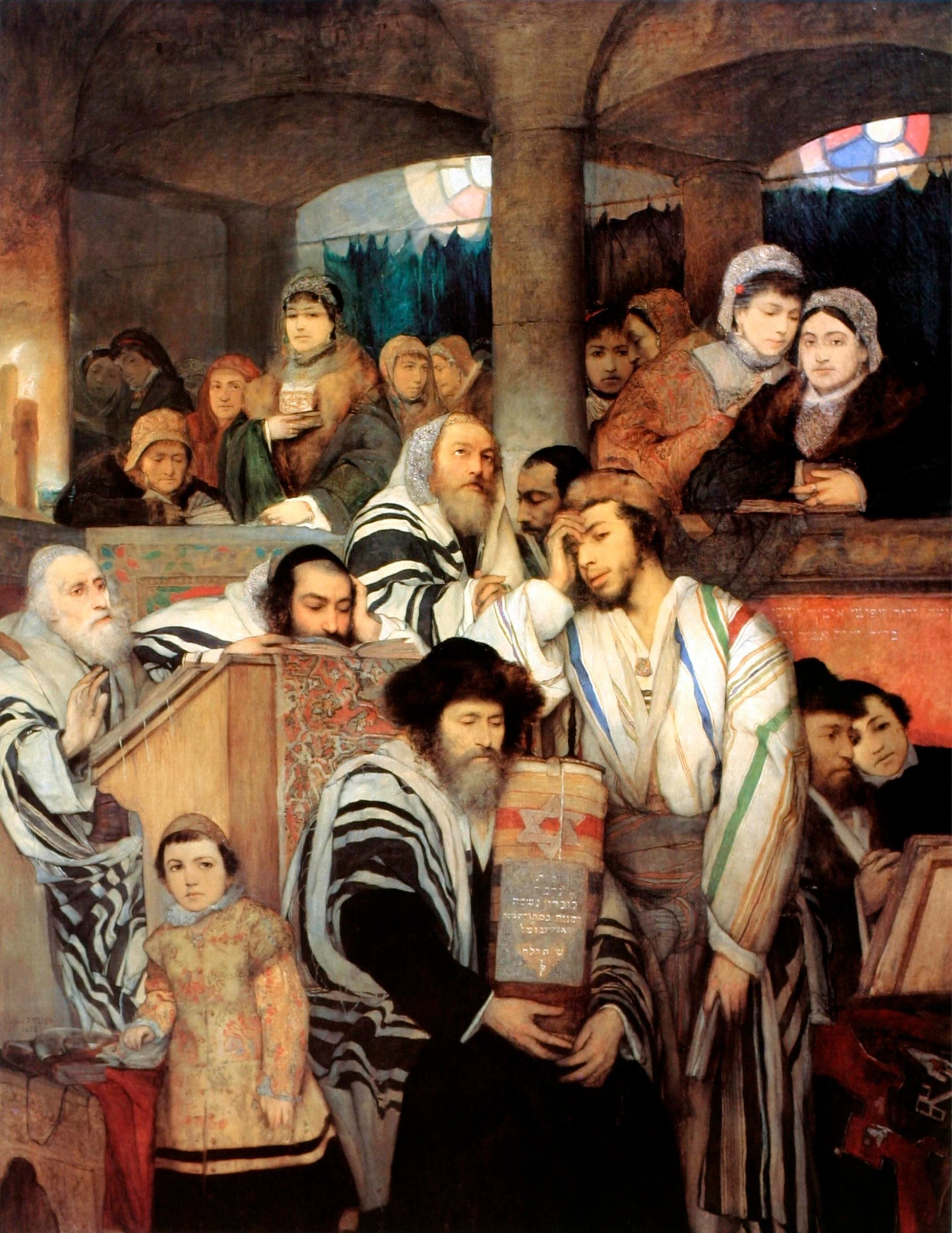 Hing als Bild des 19. Jahrhunderts ursprünglich in der Altmeisterabteilung und ist damit ein guter Zeuge des damaligen Selbstverständnisses: Maurycy Gottliebs „Juden beten in der Synagoge an Jom Kippur“, 1878