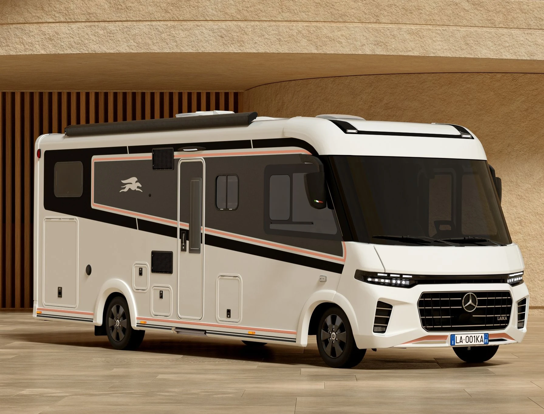 Schwung drin: Laika Kreos H5109 MB, Länge 8,08m, Besonderheit: Drei verschiedene Designlinien, die von legendären Sportwagen inspiriert sein sollen.