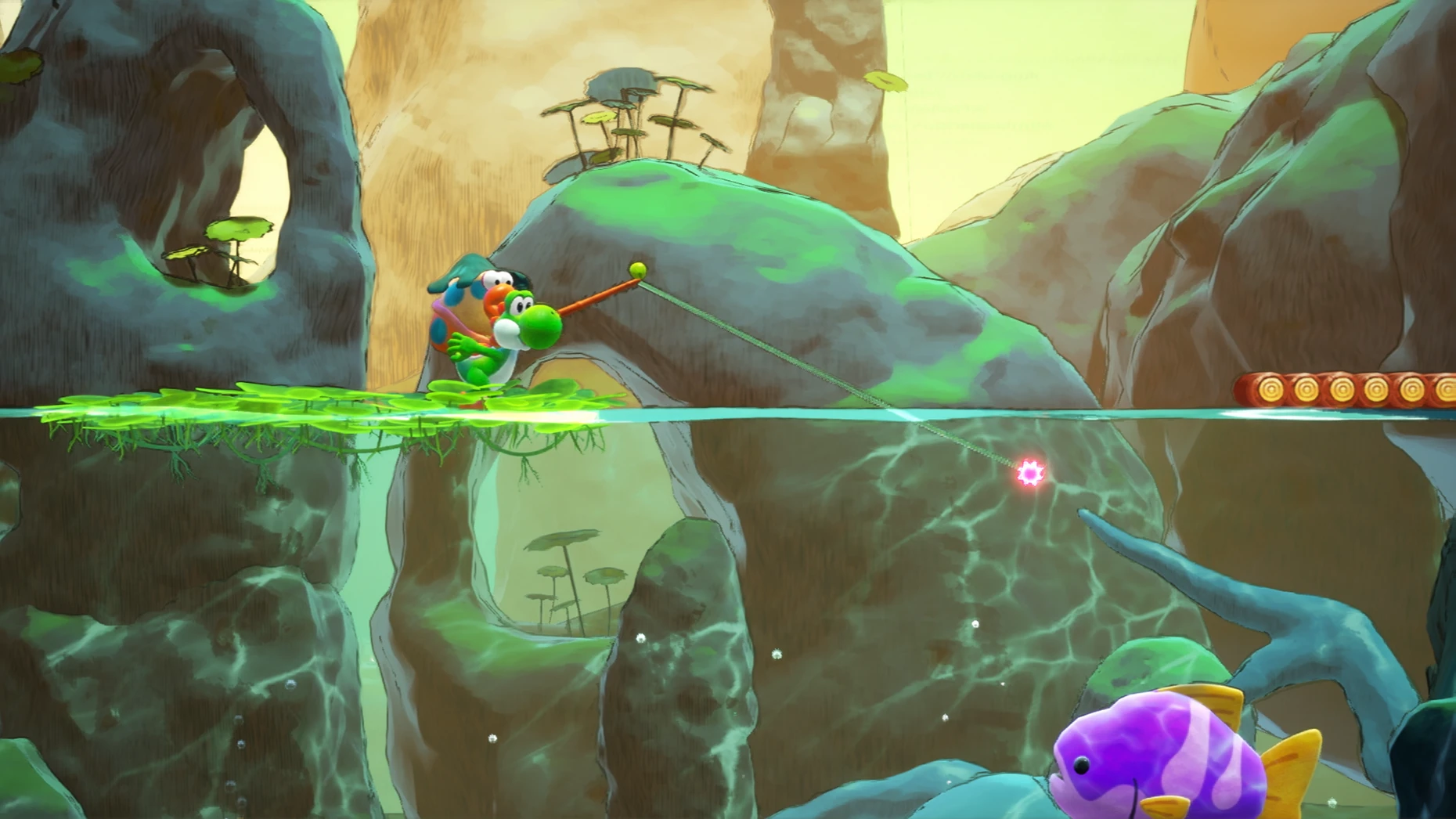 Abwechslungsreich: In 12 Kapiteln wird Yoshi etwa zum Surfer, erkundet Levels fliegend, fischt oder schwingt von Baum zu Baum.