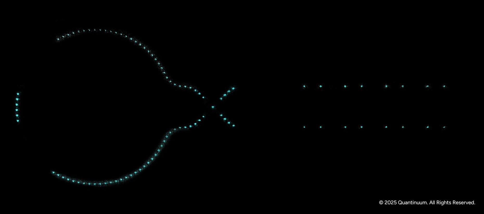 Die Barium-Ionen (helle Punkte) in dem Quantenprozessor Helios werden sichtbar, wenn man sie mit Laserlicht bestrahlt.