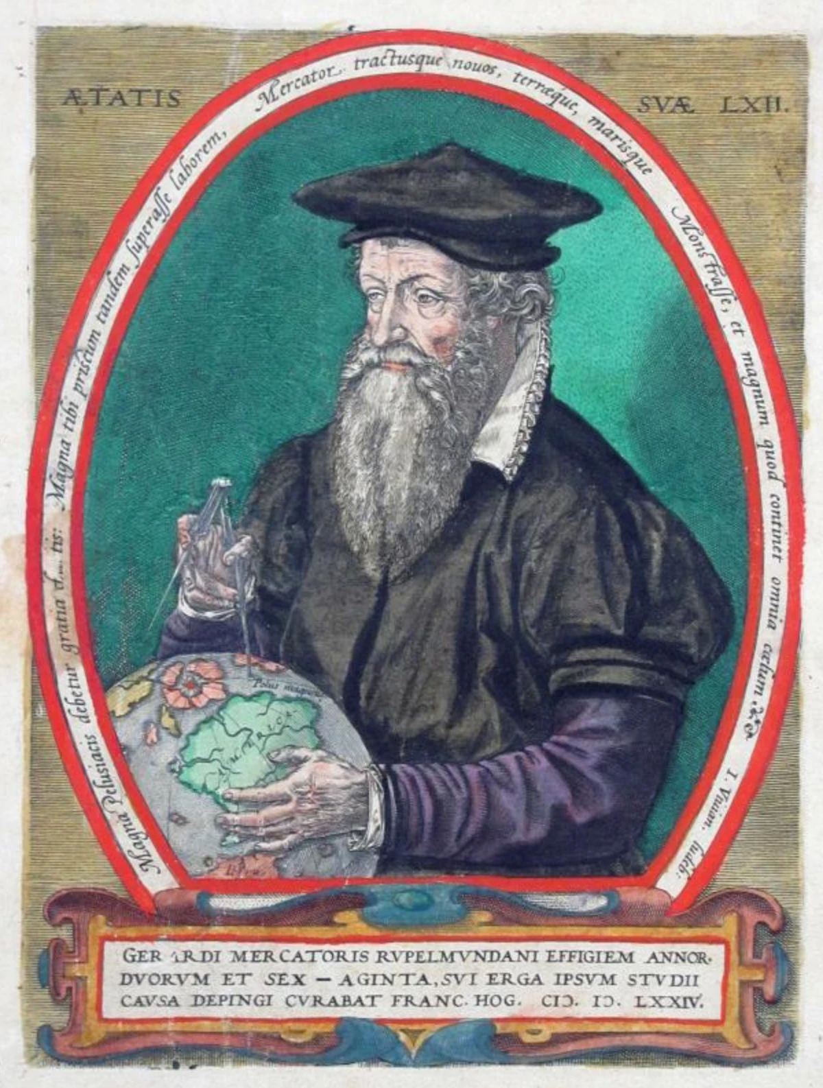 Schatz aus dem Antiquariat F. Neidhardt: Gerhard Mercator, „Atlas Galliae (Belgii inferioris. Germaniae. Italiae, Sclavonicae, et Graeciae) tabule geographicae“, Duisburg, 1585–89, koloriertes Kupferstichporträt des Verfassers