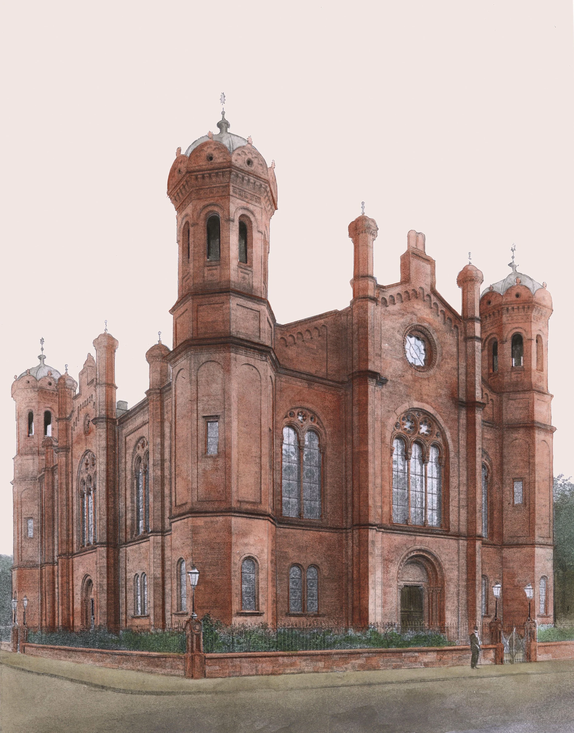 Ein Farbaquarell, erstellt nach einem histotrischen Foto, zeigt das mächtige Gotteshaus. Seine Architektur orientierte sich am romanischen Kirchenbau.
