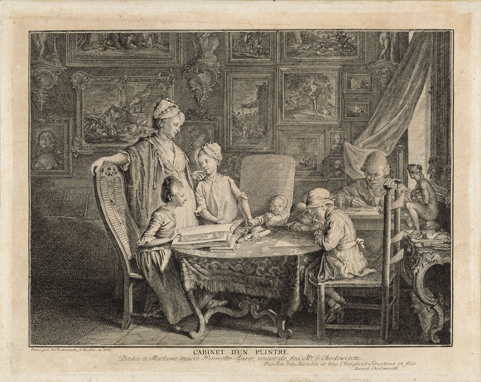 Berliner Familienidyll: „Das Kabinett eines Malers“, Radierung von 1771. Im Vordergrund Chodowieckis Ehefrau Jeanne Marie mit den Kindern, im Hintergrund der Künstler selbst.
