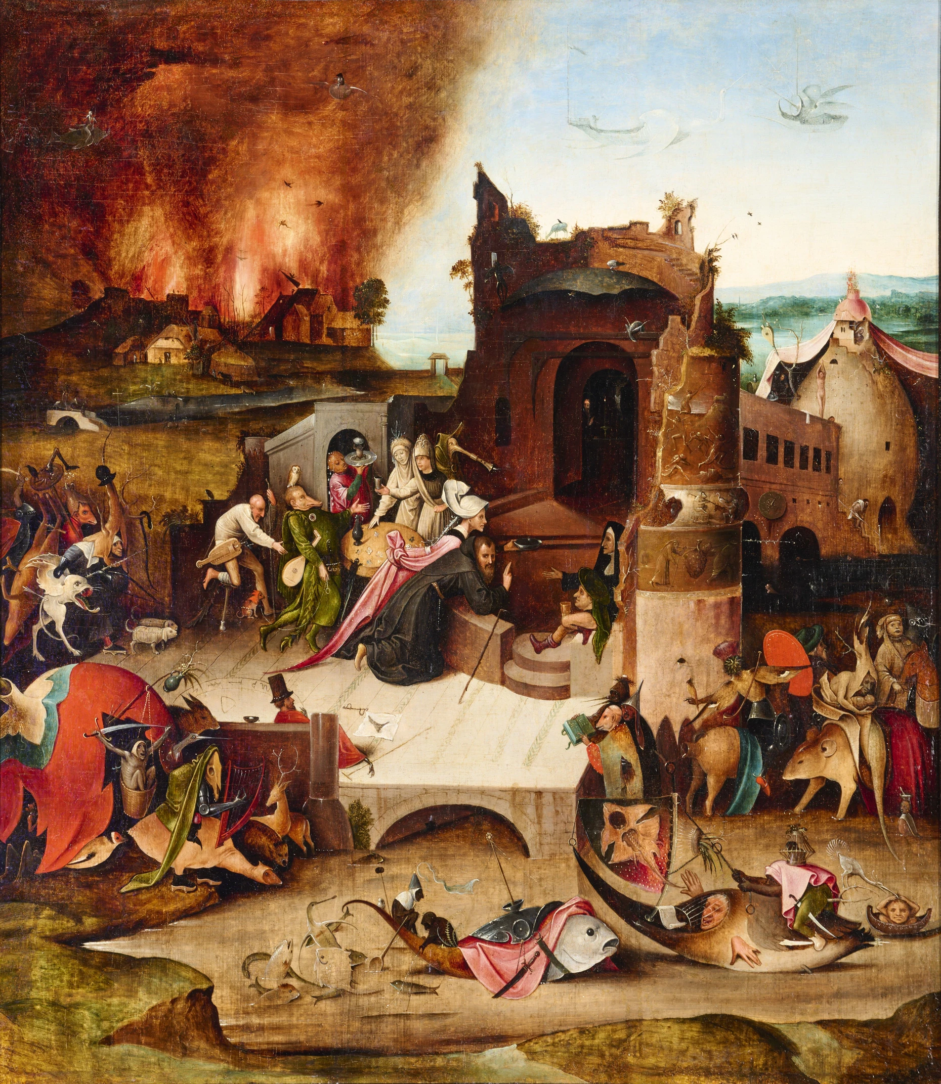 Aus der Werkstatt des Hieronymus Bosch: Mittelteil des Triptychons „Die Versuchung des heiligen Antonius“, um 1520–1550 mit apokalyptischen Bränden und Ruinen