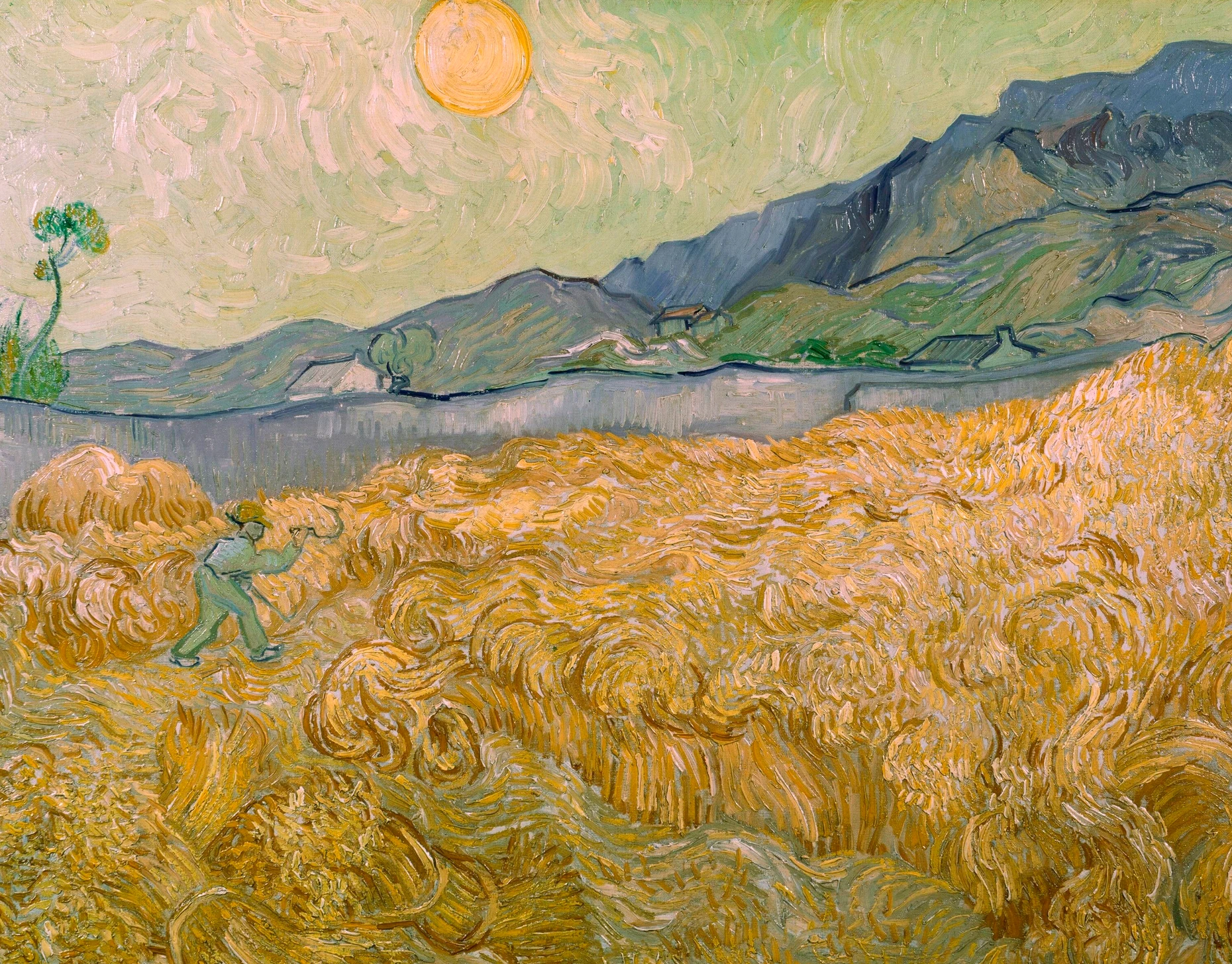 Vincent van Gogh: „Weizenfeld mit Schnitter bei aufgehender Sonne“ (1889)