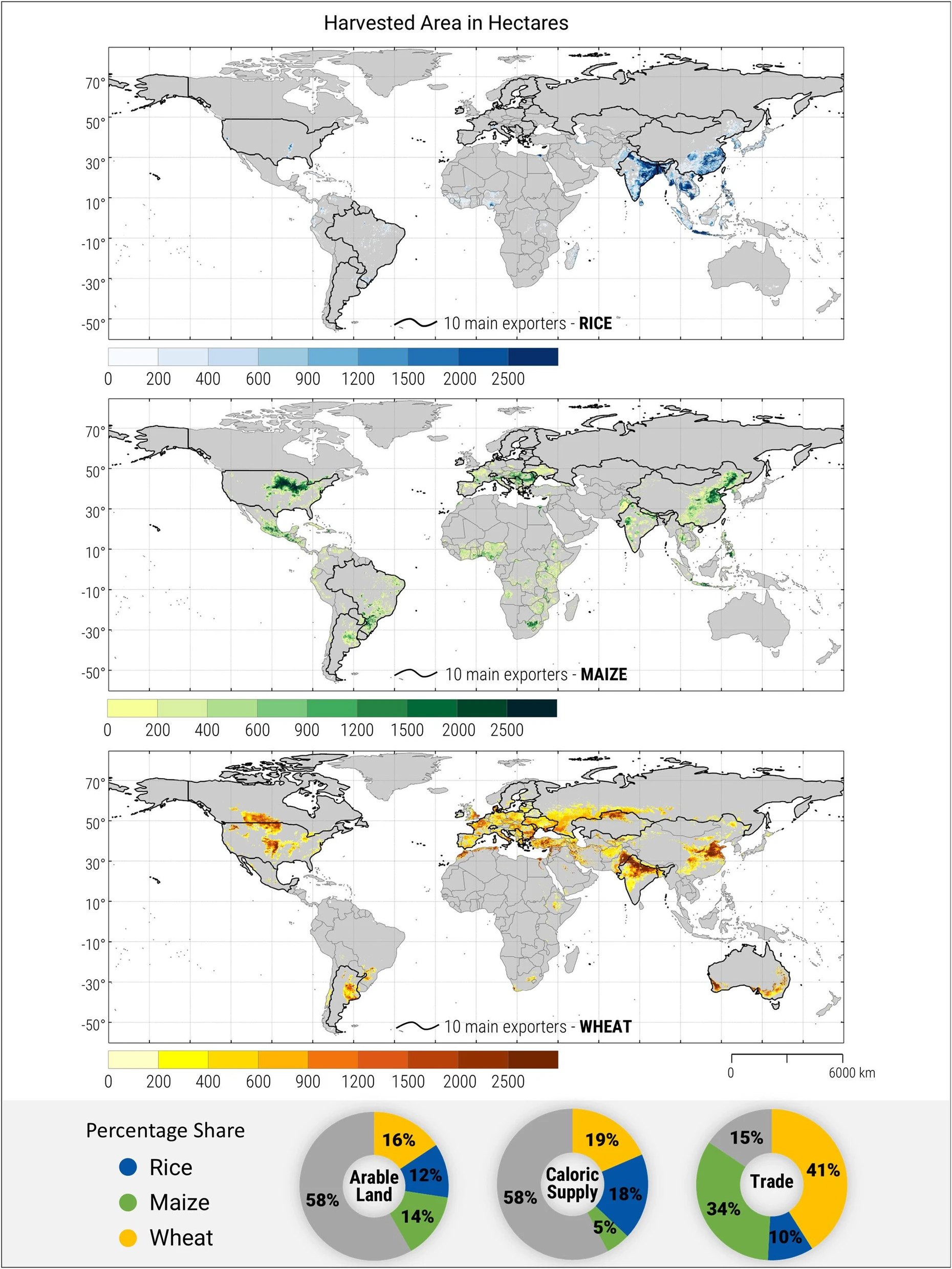 Hauptanbaugebiete von Reis, Mais und Weizen mit Hervorhebung der Grenzen der zehn wichtigsten Exportländer. Die Ringdiagramme zeigen die Anteile der drei wichtigsten Kulturpflanzen an der globalen Ackerfläche, der Kalorienversorgung und am Handel mit Agrarerzeugnissen.